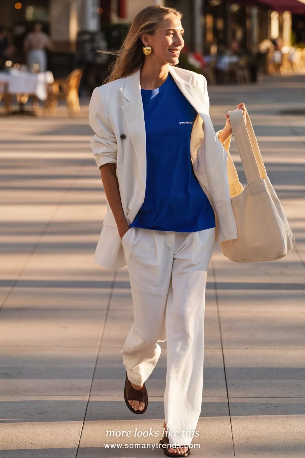 Look 27: cobalt tee with white blazer and wide white pants, gold hoops