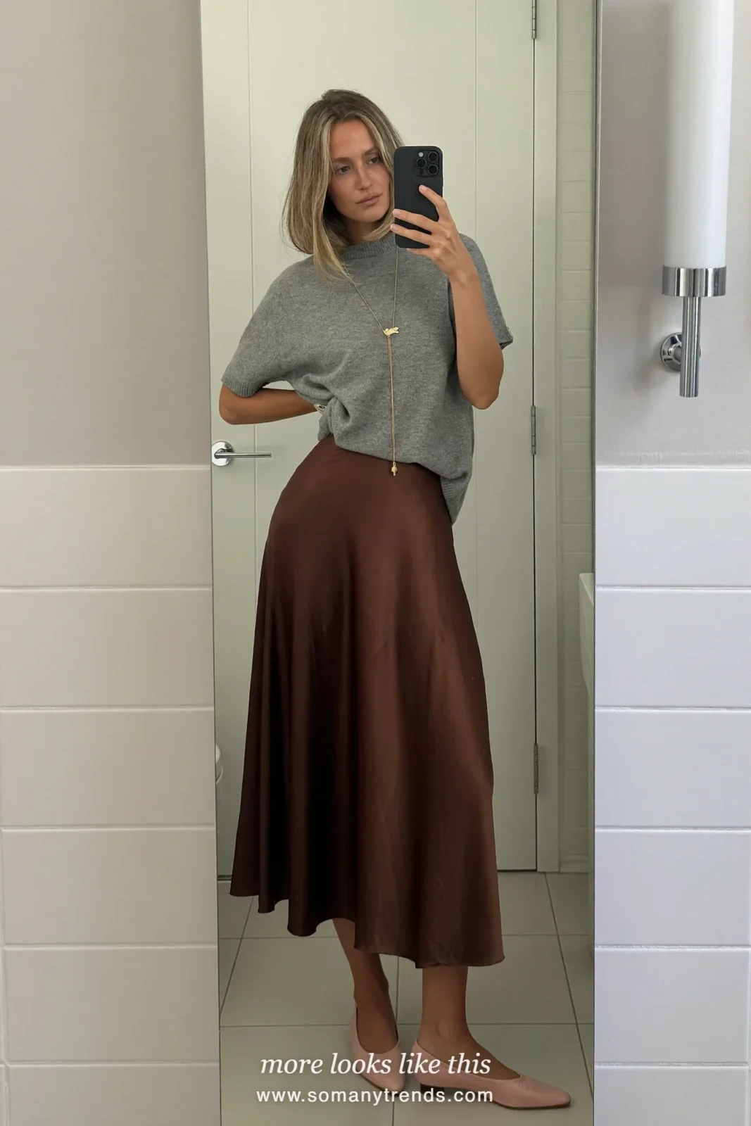 Look 28: soft gray knit with espresso midi skirt, mirror selfie at home in the bathroom