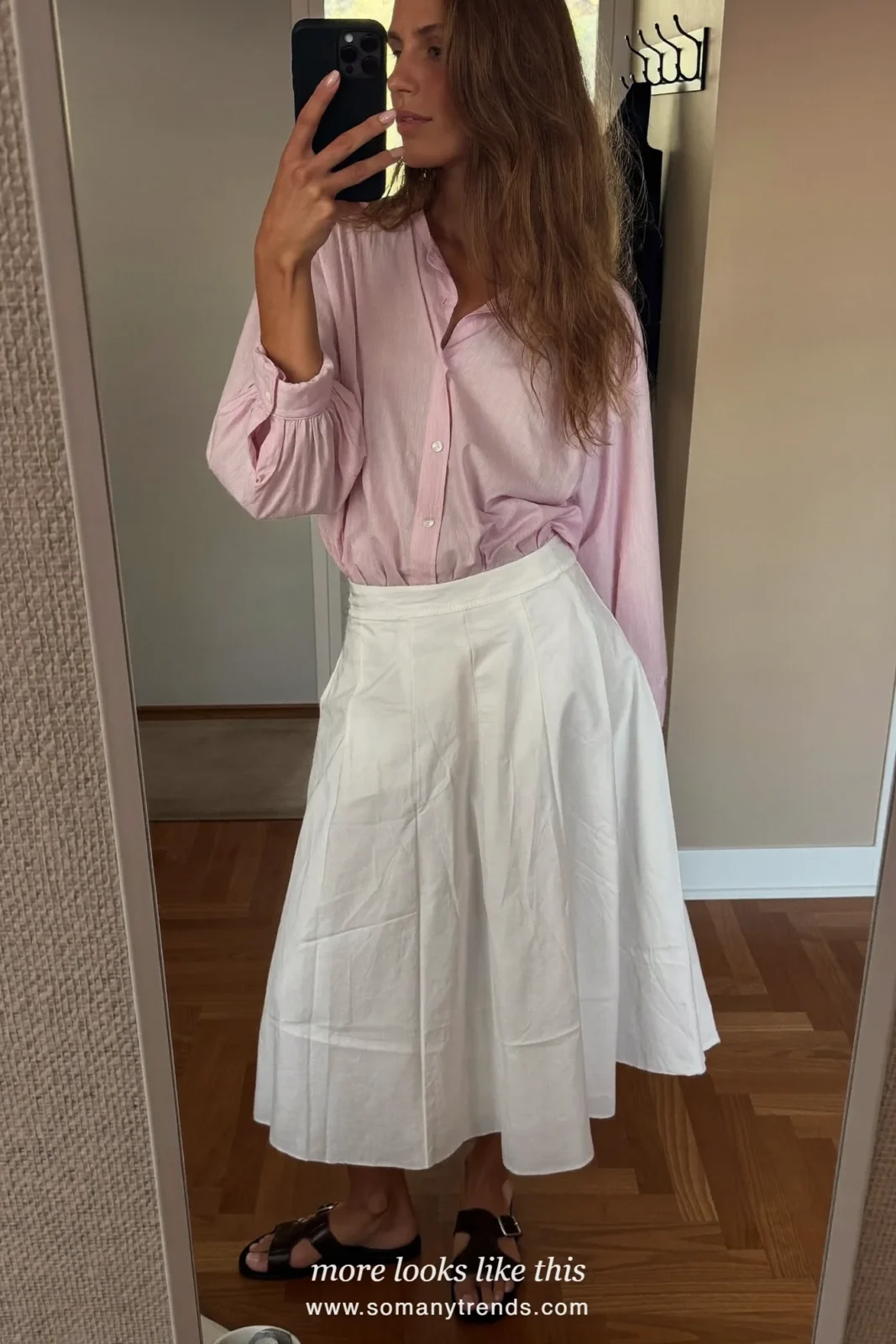 Look 20: pale pink blouse with white midi skirt, mirror selfie at home in the entryway