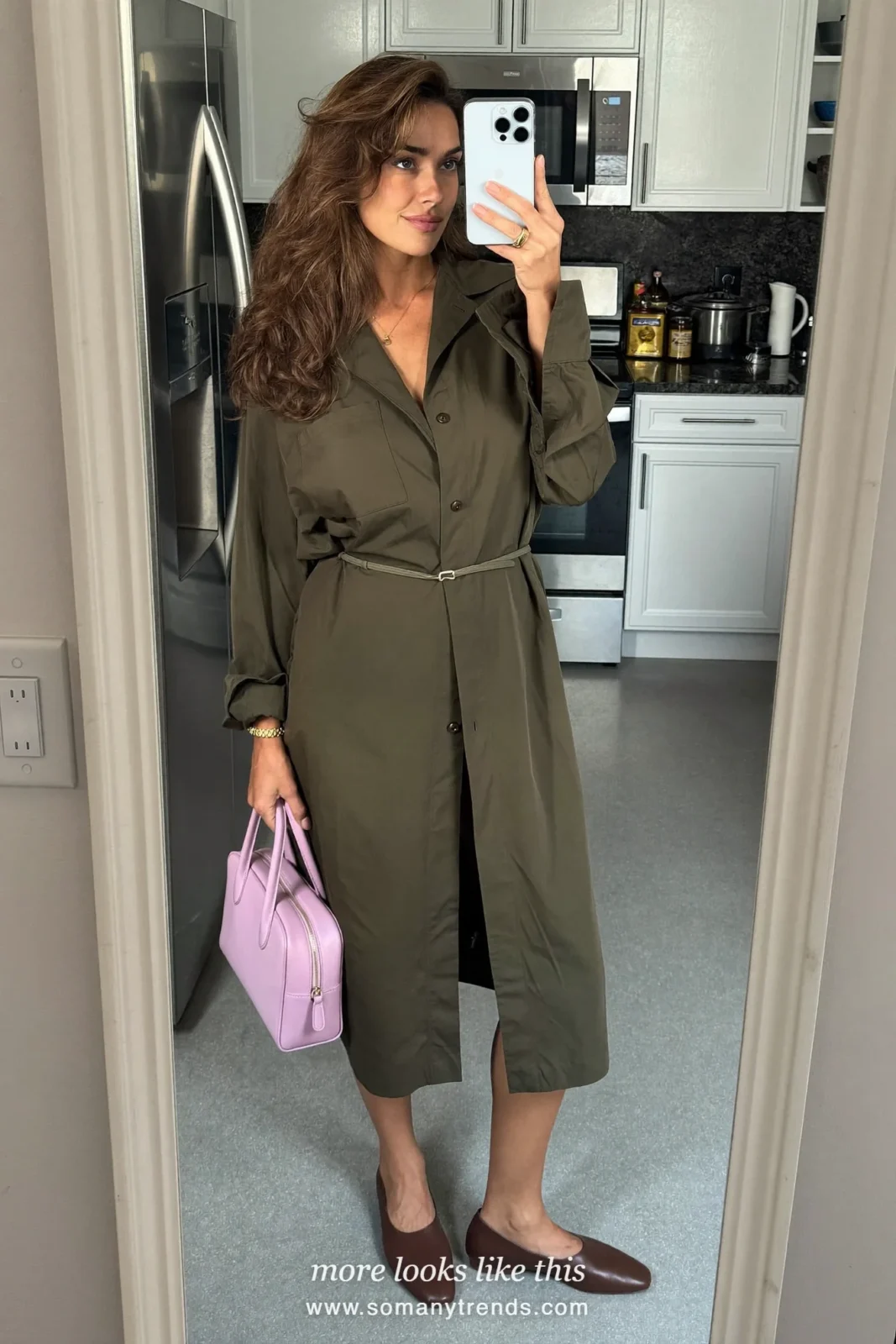 Look 24: deep olive shirt dress with pale pink bag, mirror selfie at home in the kitchen