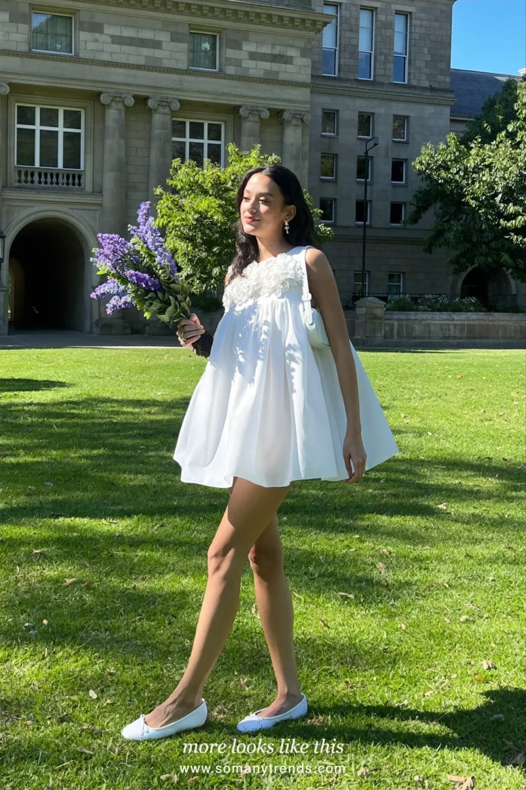 White mini dress with 3D flower appliqués on the bodice and white flats, graduation outfit 2