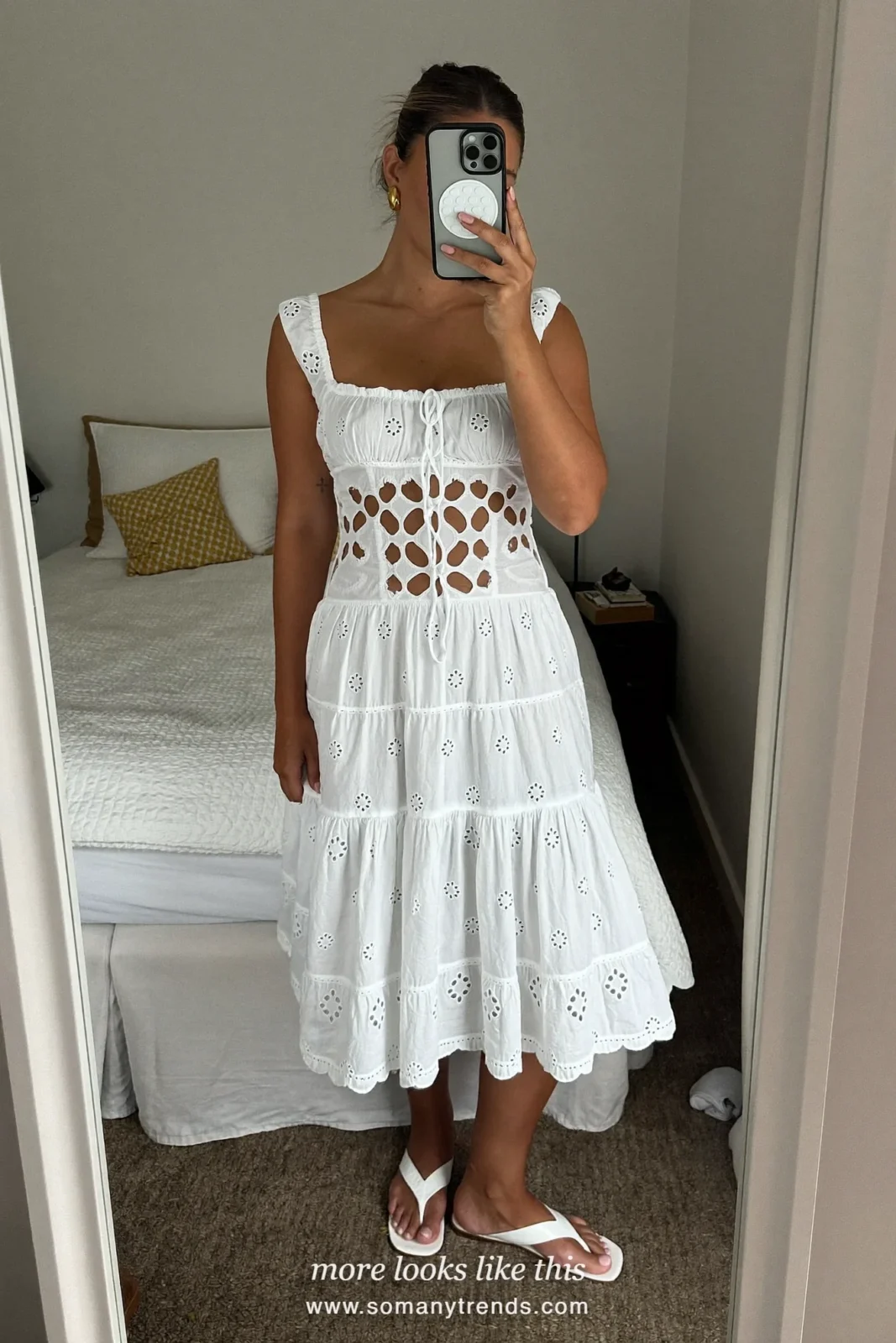 White eyelet midi dress with a full skirt and white sandals, graduation outfit 4