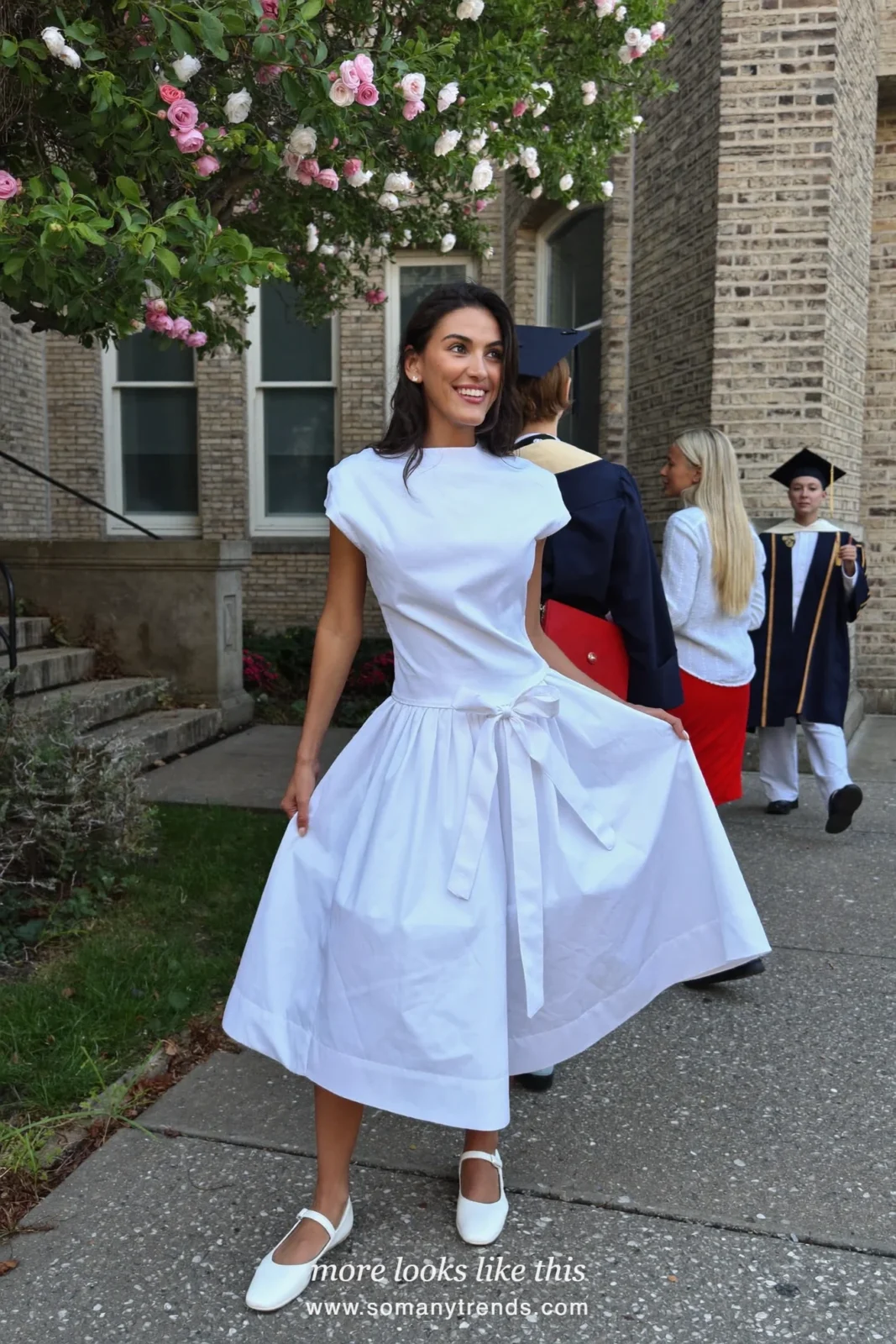 White drop-waist mini dress with a bow and white mary janes, graduation outfit 5