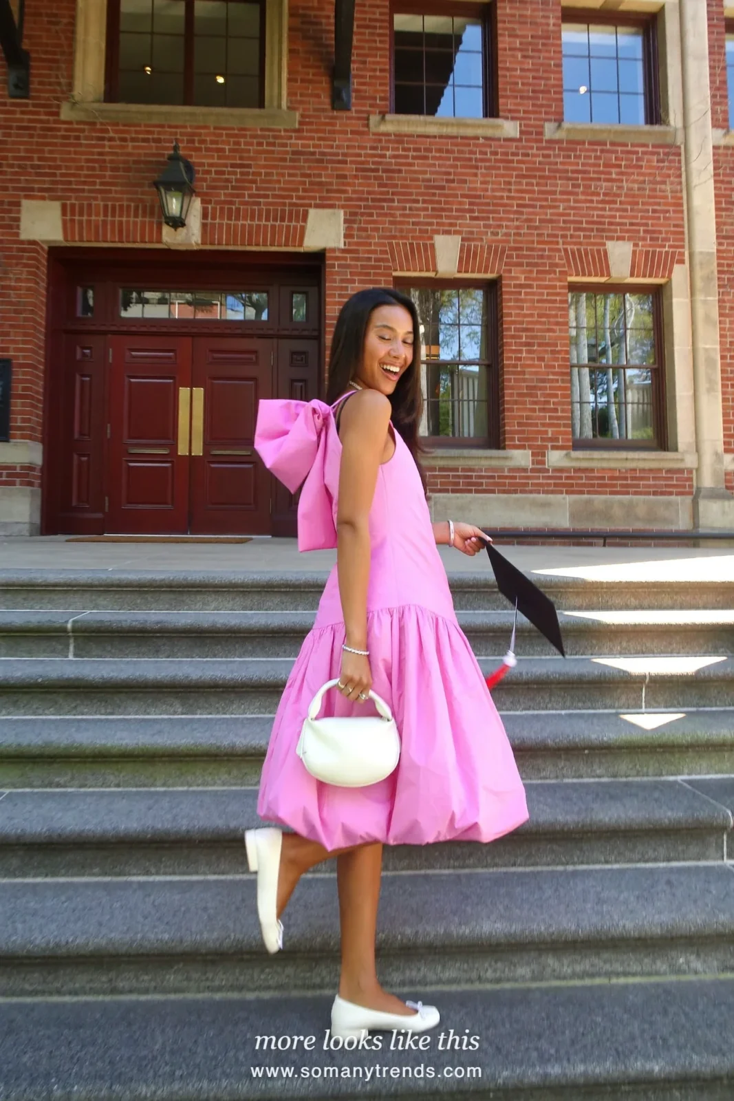 Candy pink knee-length dress with a large bow and full skirt and white flats, graduation outfit 9