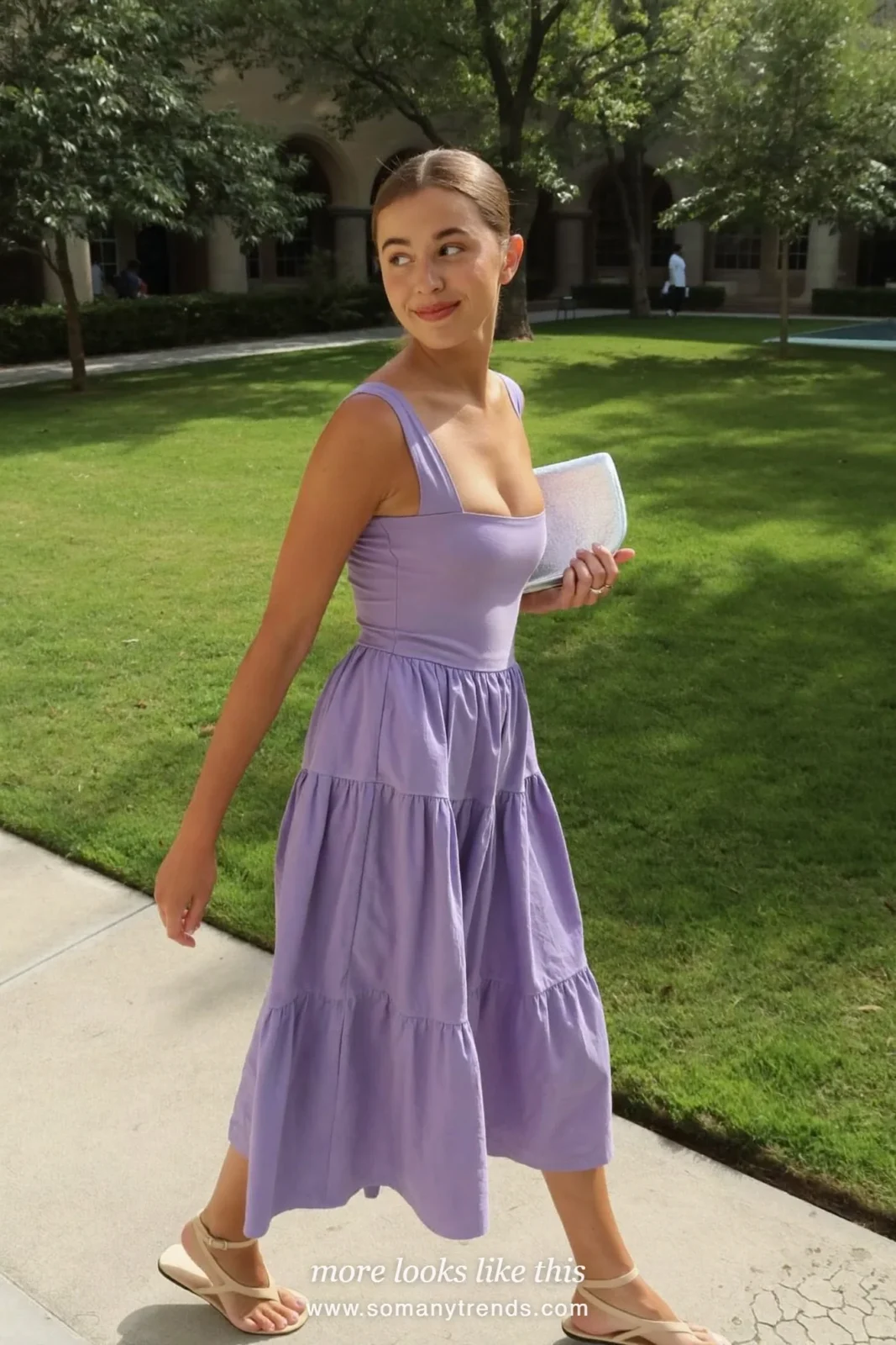 Lavender tiered midi dress with a layered skirt and nude flat sandals, graduation outfit 10
