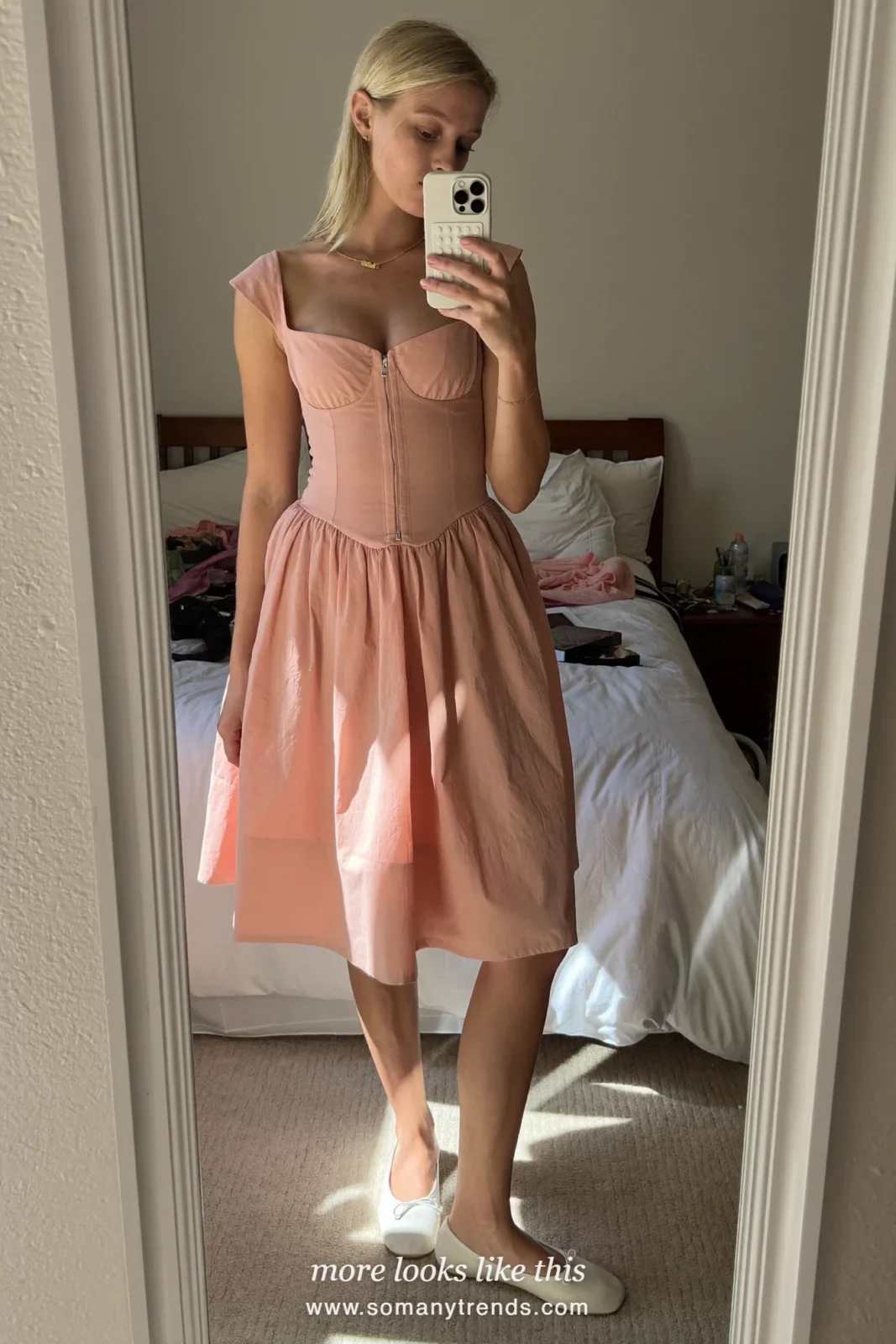 Baby pink taffeta dress with a very full knee-length skirt and white flats, graduation outfit 16