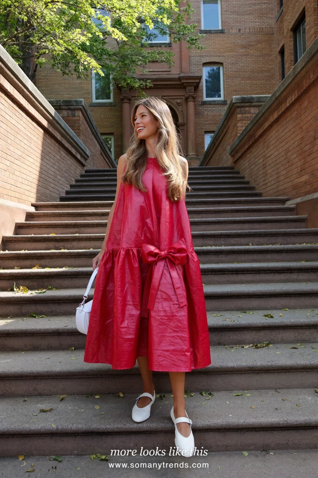 Red drop-waist knee-length dress with a hip bow and white mary janes, graduation outfit 21