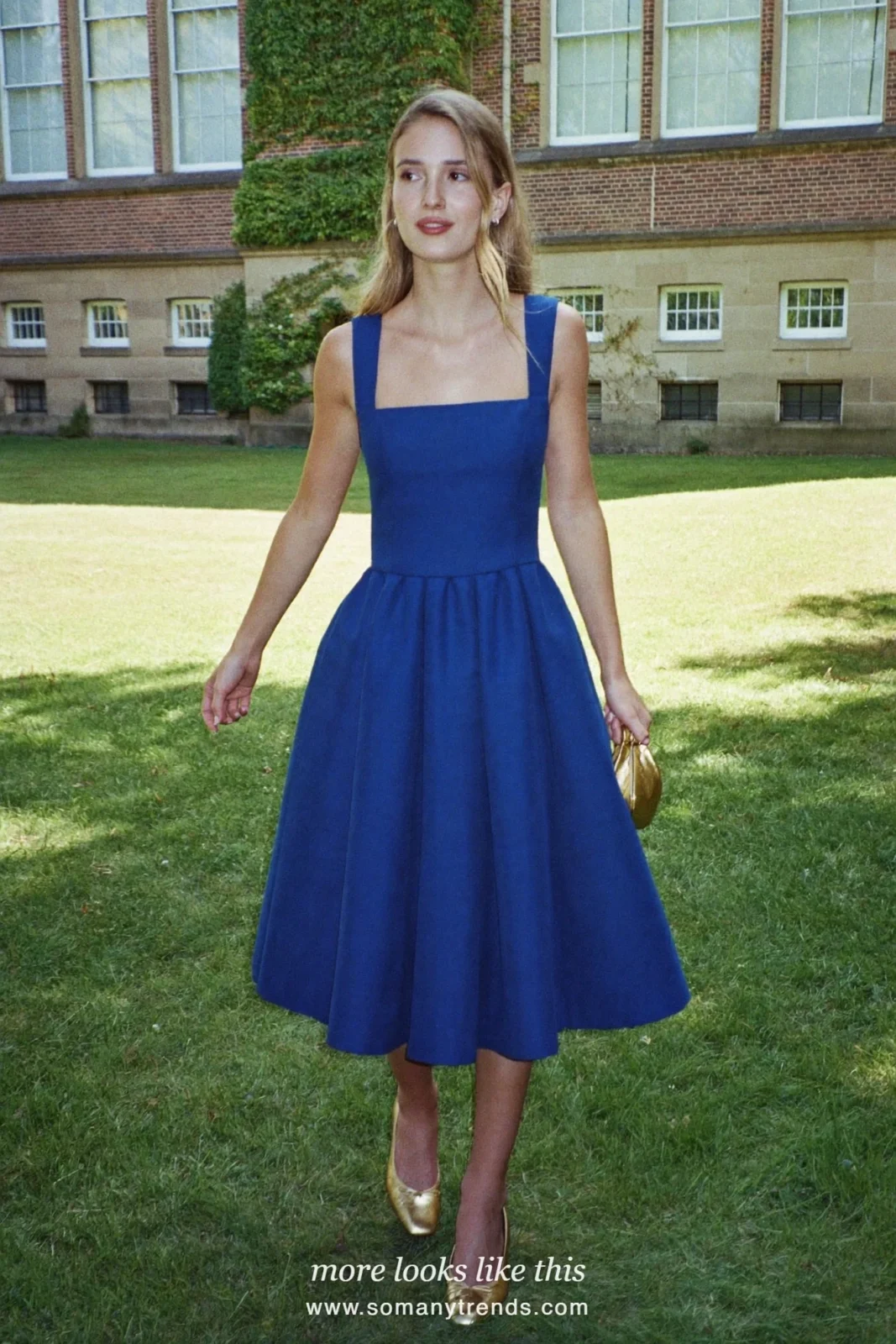 Royal blue knee-length flared dress with a square neckline and gold flats, graduation outfit 22