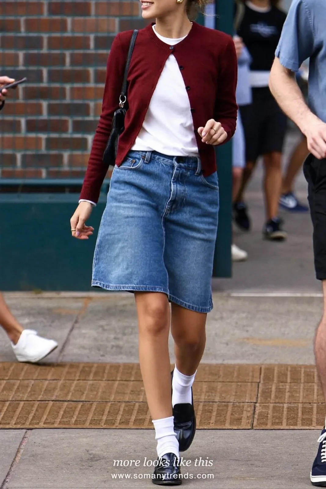 Wine cardigan over white tee with knee-length denim skirt, ankle socks and black loafers, outfit 7