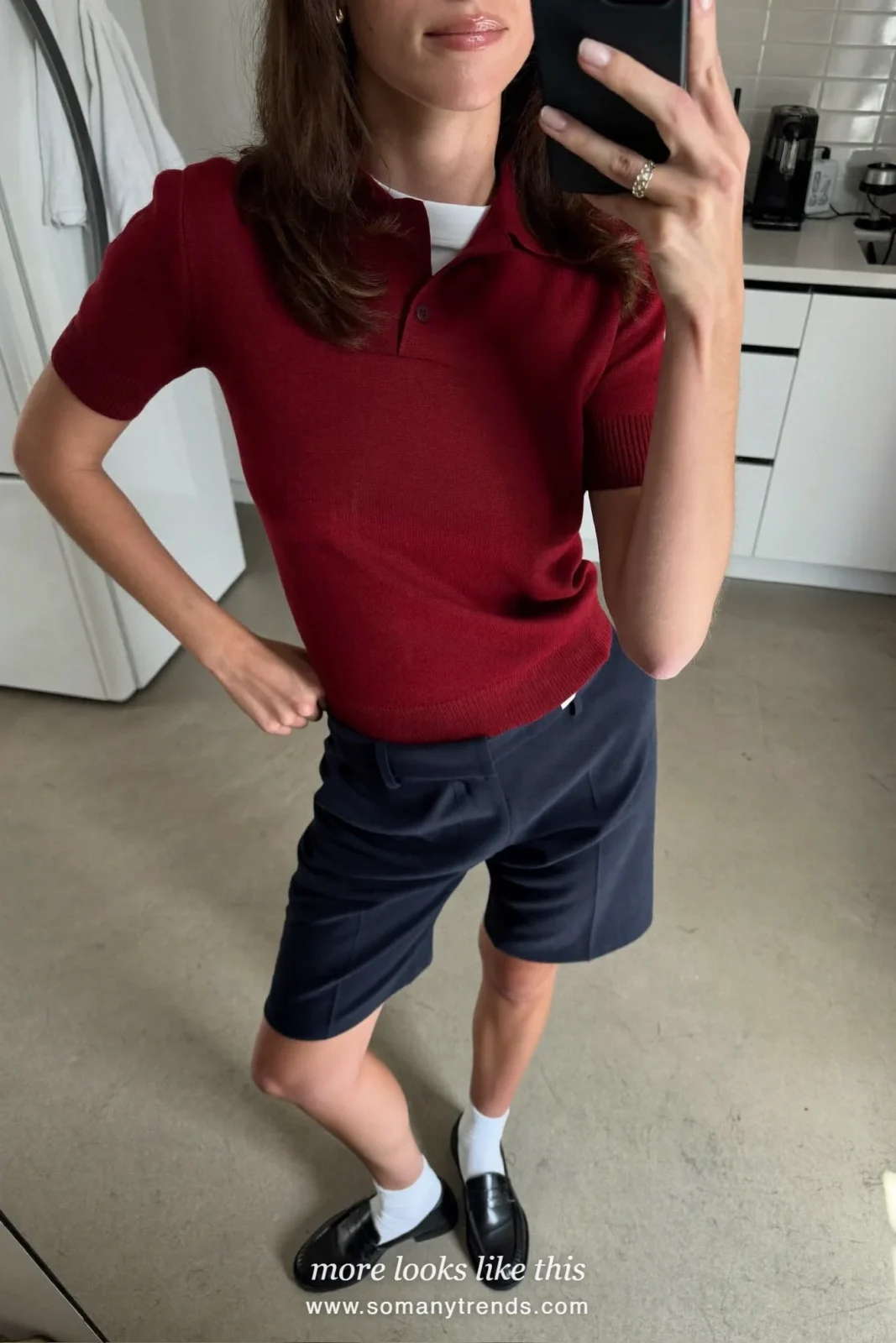 Navy Bermuda shorts with wine knit polo sweater, white ankle socks and black loafers, outfit 20