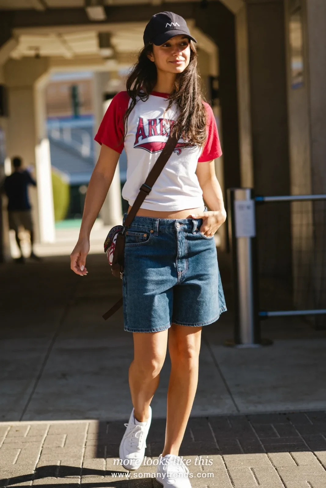 Mid-wash denim Bermuda shorts with white and wine baseball tee, white sneakers and black cap, outfit 21