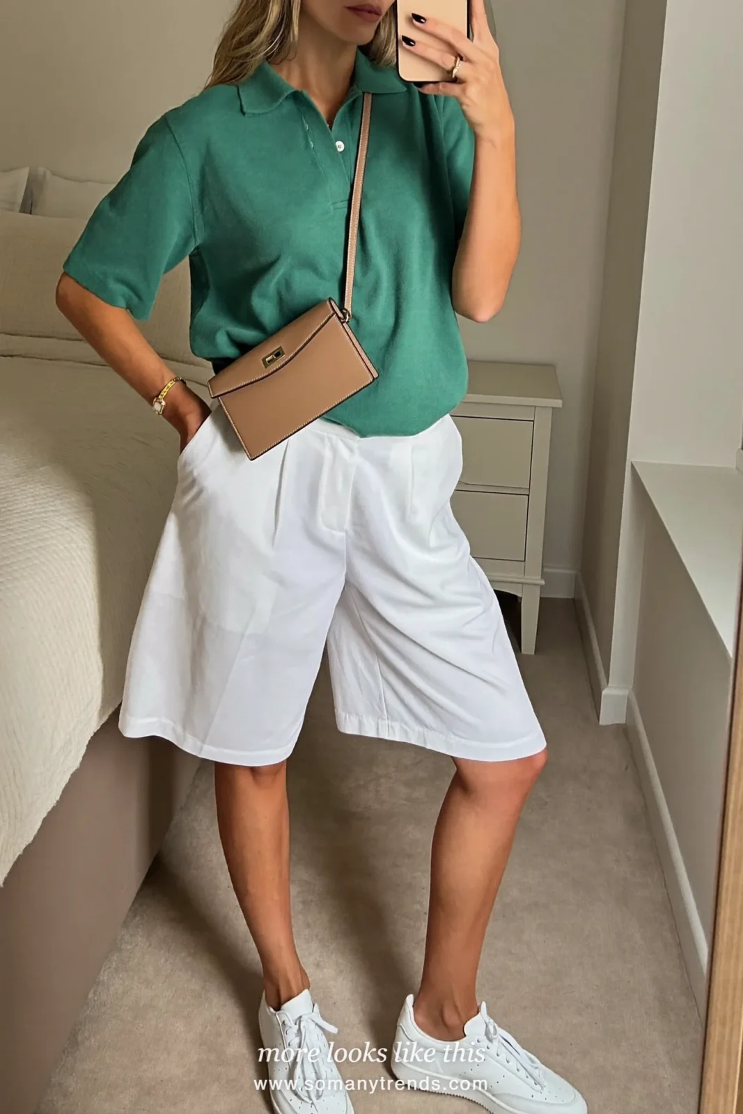 Soft green knit polo with tailored white shorts and white sneakers, outfit 24