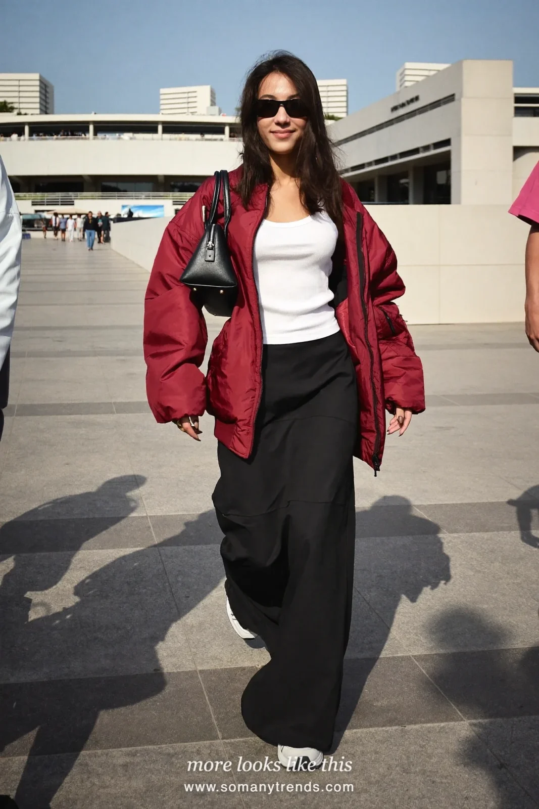 Black cotton maxi skirt with white tank and wine bomber jacket, chunky white sneakers, outfit 25