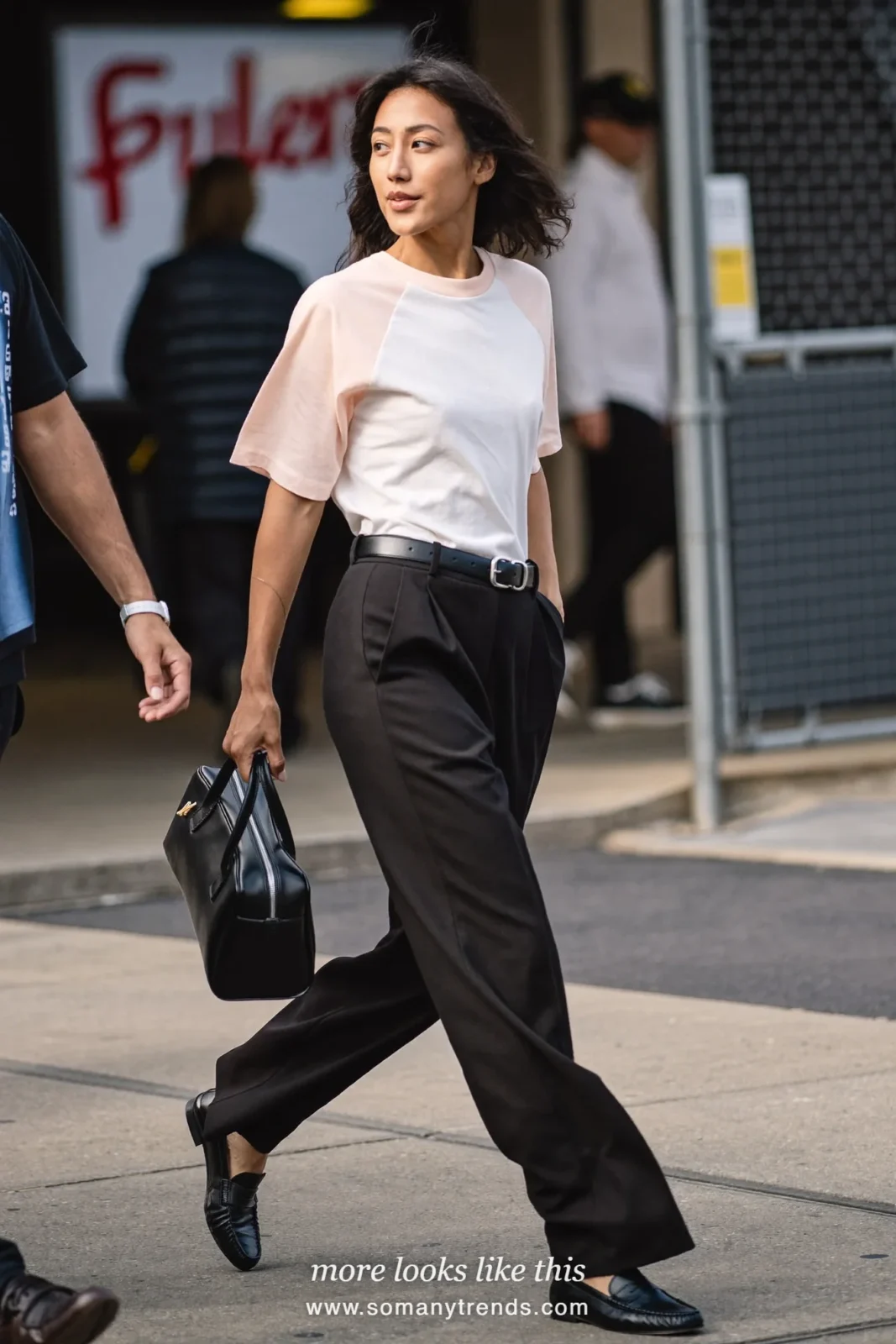 Tailored black trousers with blush raglan baseball tee, black belt and black loafers, outfit 27