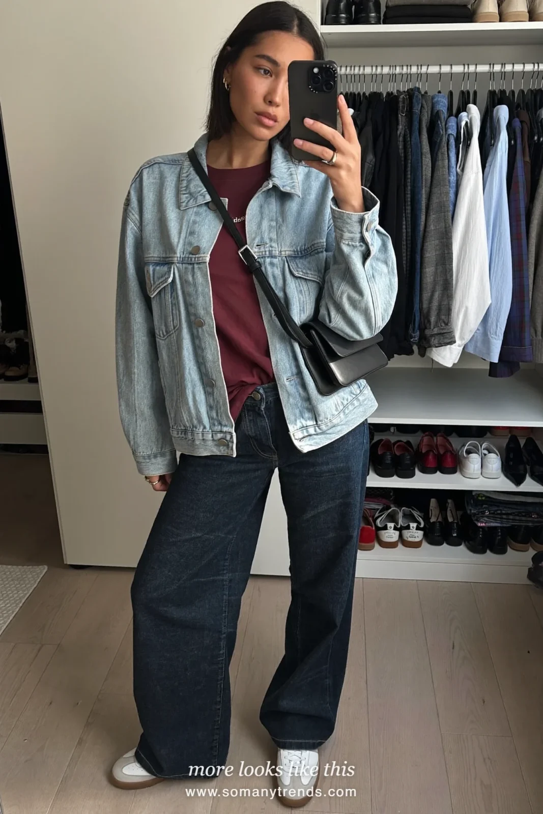 Light denim jacket over wine tee with dark straight jeans and white sneakers, outfit 28