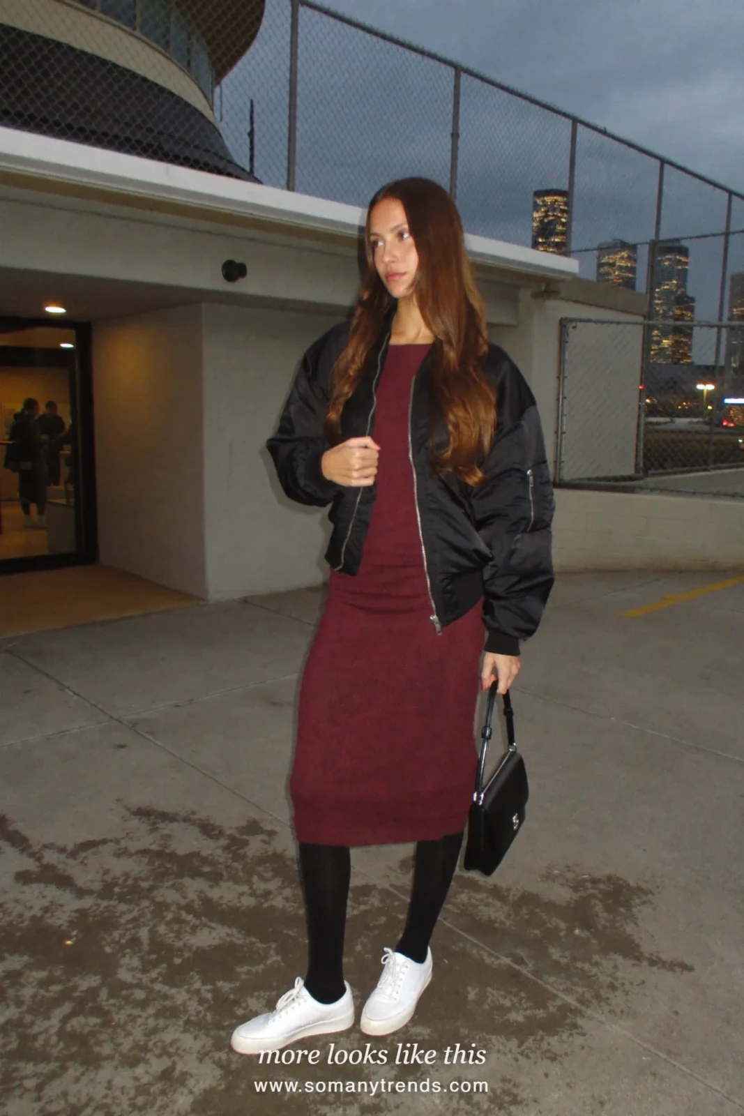 Loose wine knit midi dress with black bomber jacket and white sneakers, outfit 30
