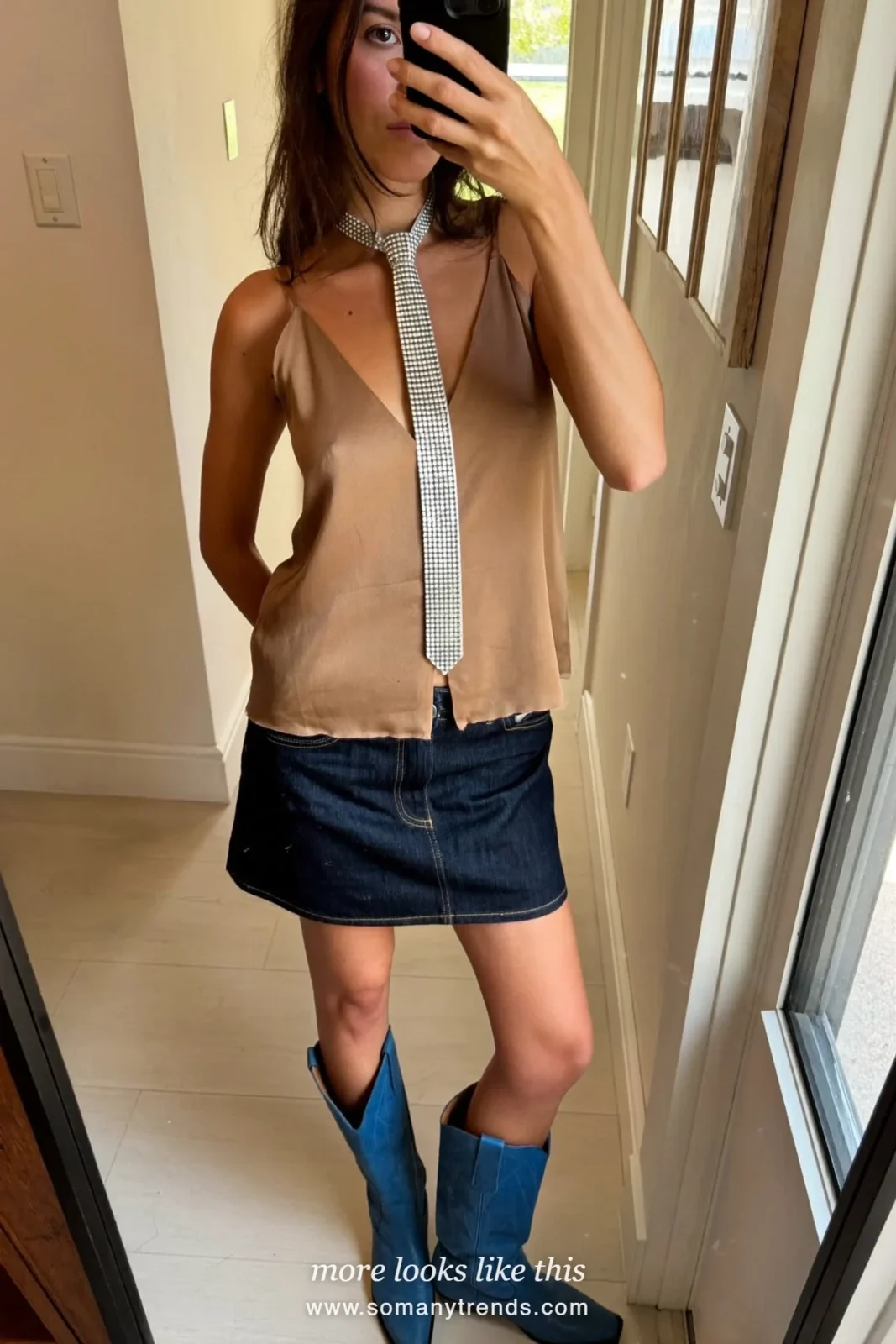 silver bolo tie, camel satin camisole, dark denim mini skirt and ink blue cowboy boots, western glam outfit 8