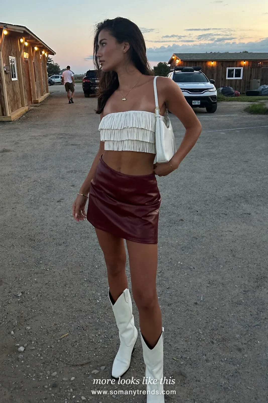 white fringe bandeau top, burgundy leather mini skirt and white cowboy boots, western glam outfit 15