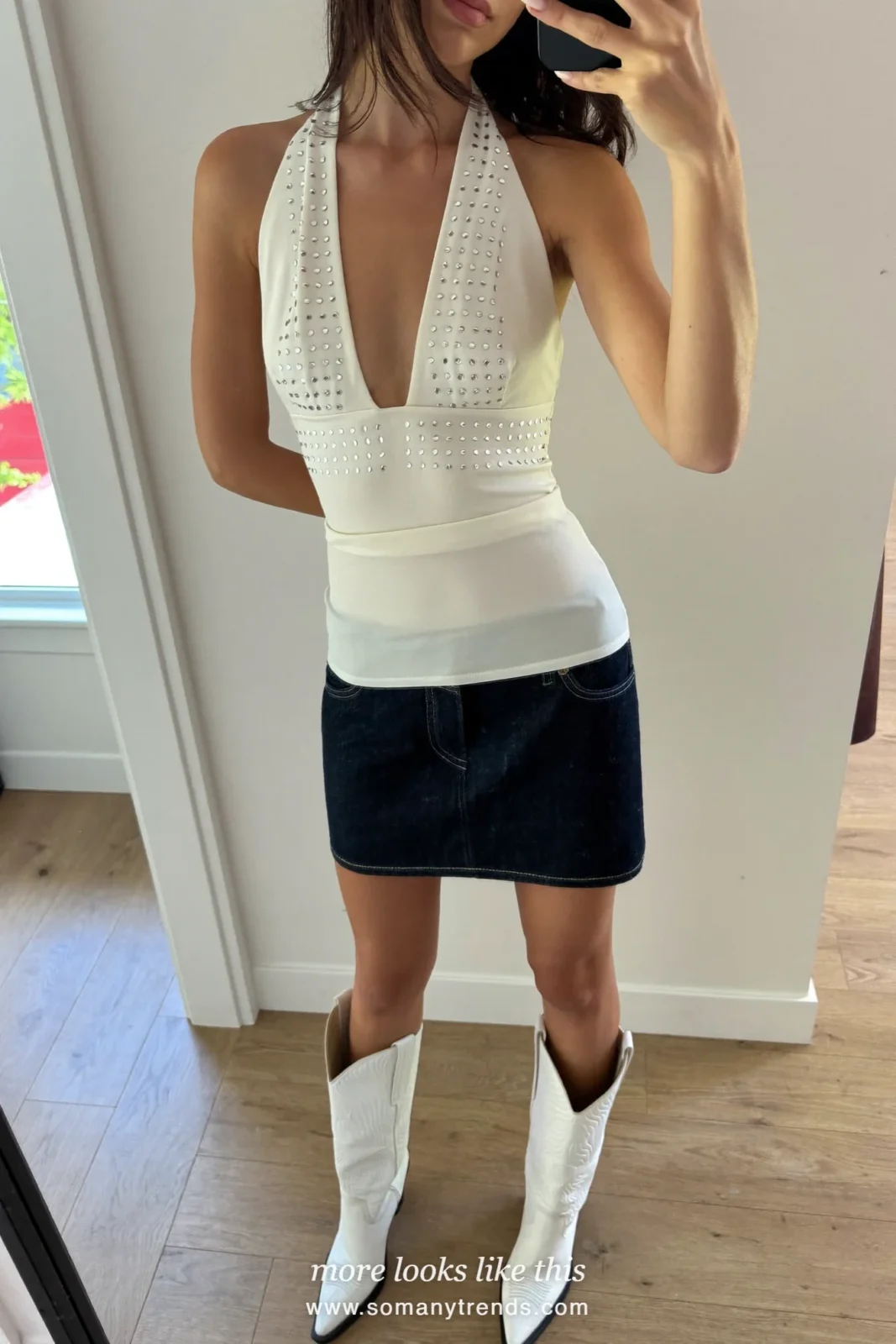 rhinestone halter top, dark denim mini skirt and white cowboy boots, western glam outfit 24