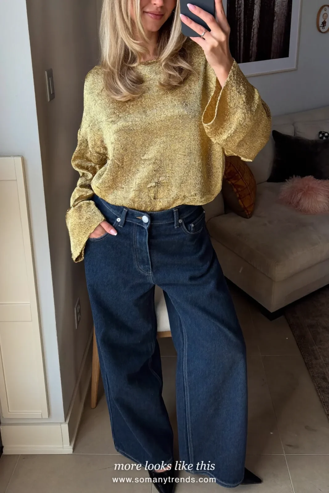 Woman in a gold metallic knit top, dark wide-leg jeans and black pointed heels, outfit 24