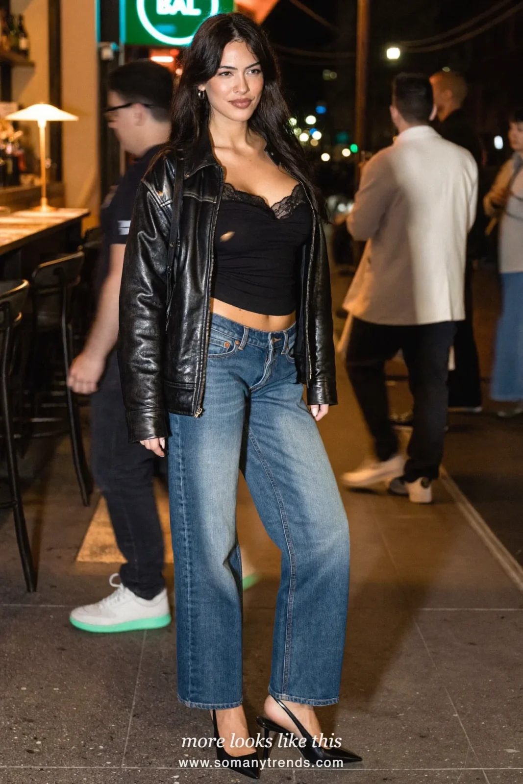 Woman in a black lace-trim camisole, black leather jacket, classic blue jeans and black slingback heels, outfit 29