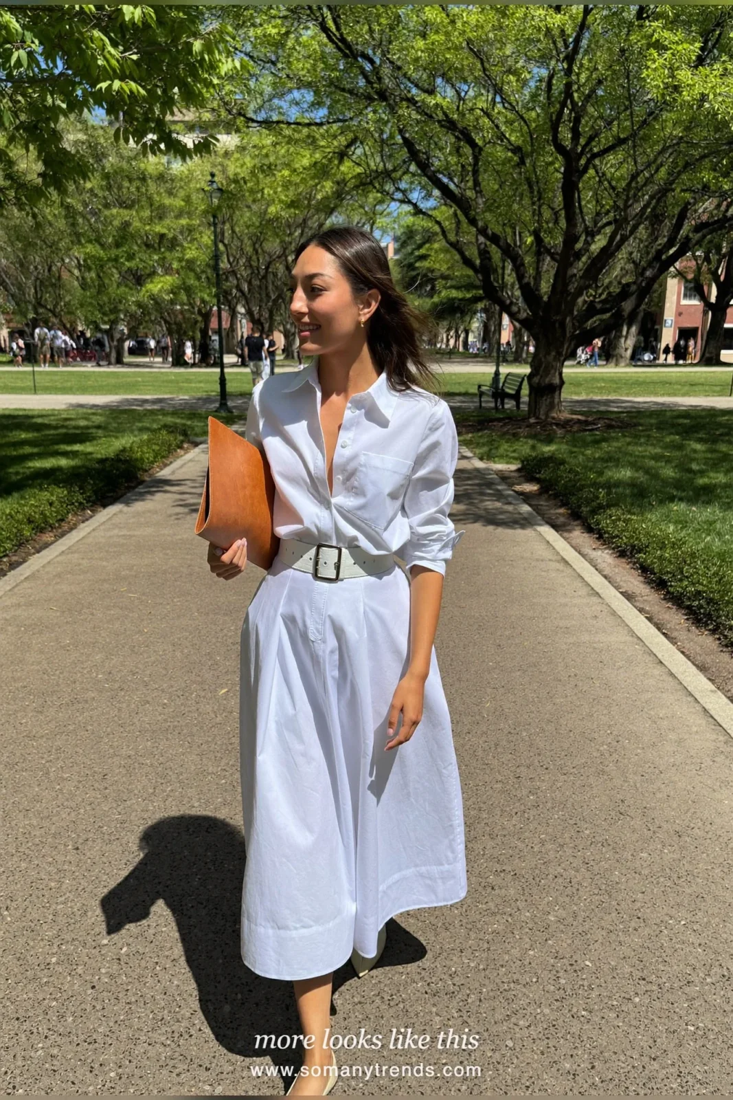 White poplin midi shirt dress with a full skirt and wide belt, nude pointed flats, graduation outfit 3
