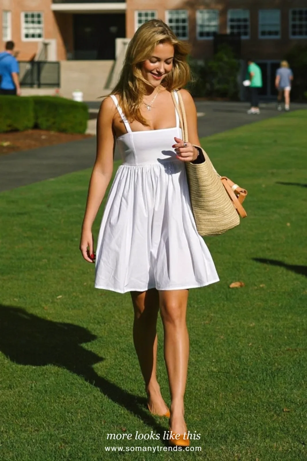 White cotton sundress with a gathered knee-length skirt and tan leather sandals, graduation outfit 6