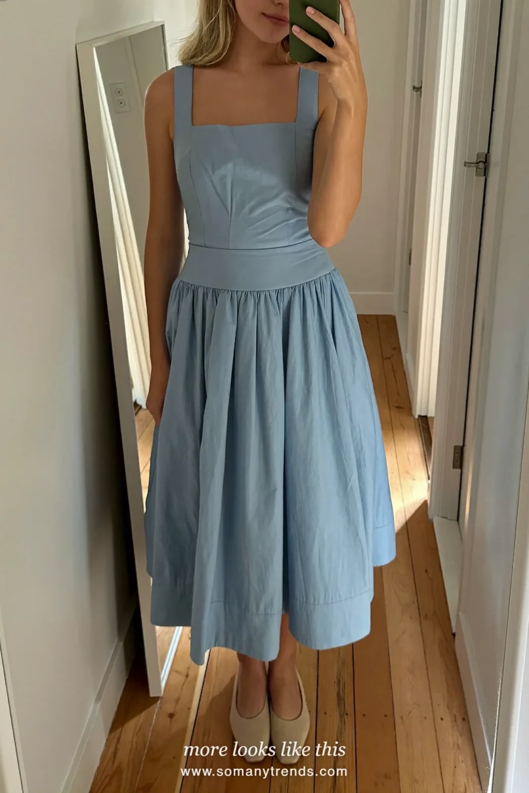 Powder blue poplin midi dress with pockets and a full skirt, beige flats, graduation outfit 12