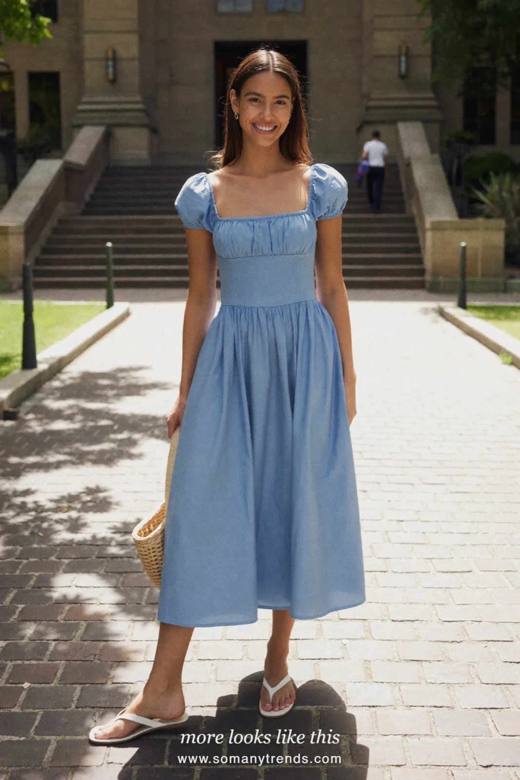Sky blue puff sleeve midi dress with a full skirt, white sandals and a woven bag, graduation outfit 17