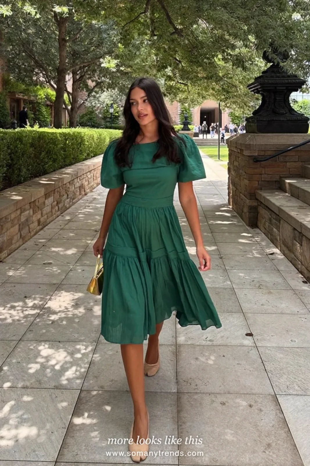 Emerald green tiered midi dress with a full skirt and nude flats, graduation outfit 23