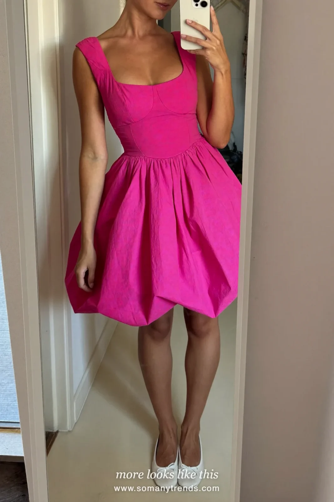 Hot pink knee-length dress with a full skirt and white flats, graduation outfit 24