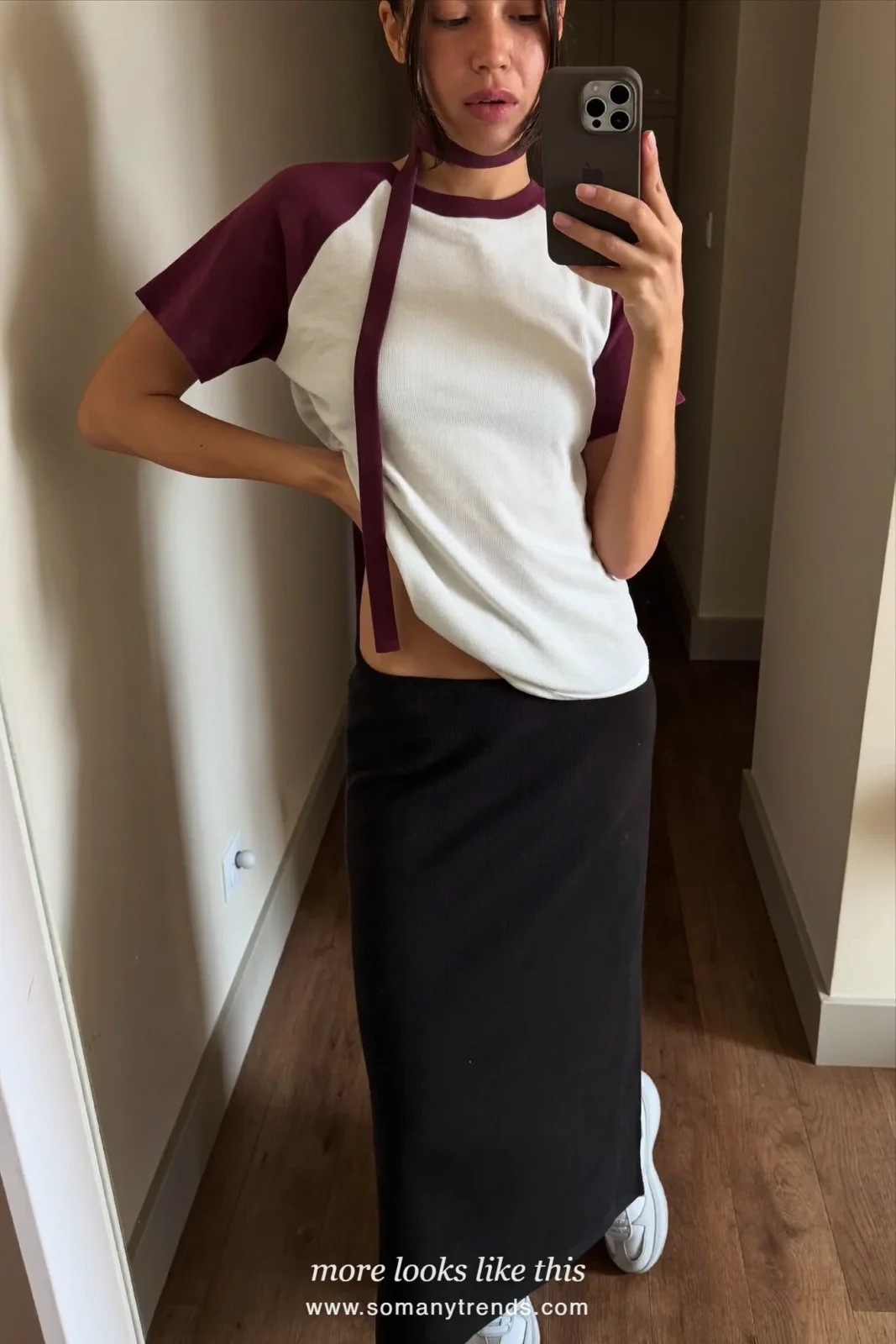 White and wine raglan baseball tee with long black column skirt, skinny scarf and white sneakers, mirror selfie at home, outfit 4