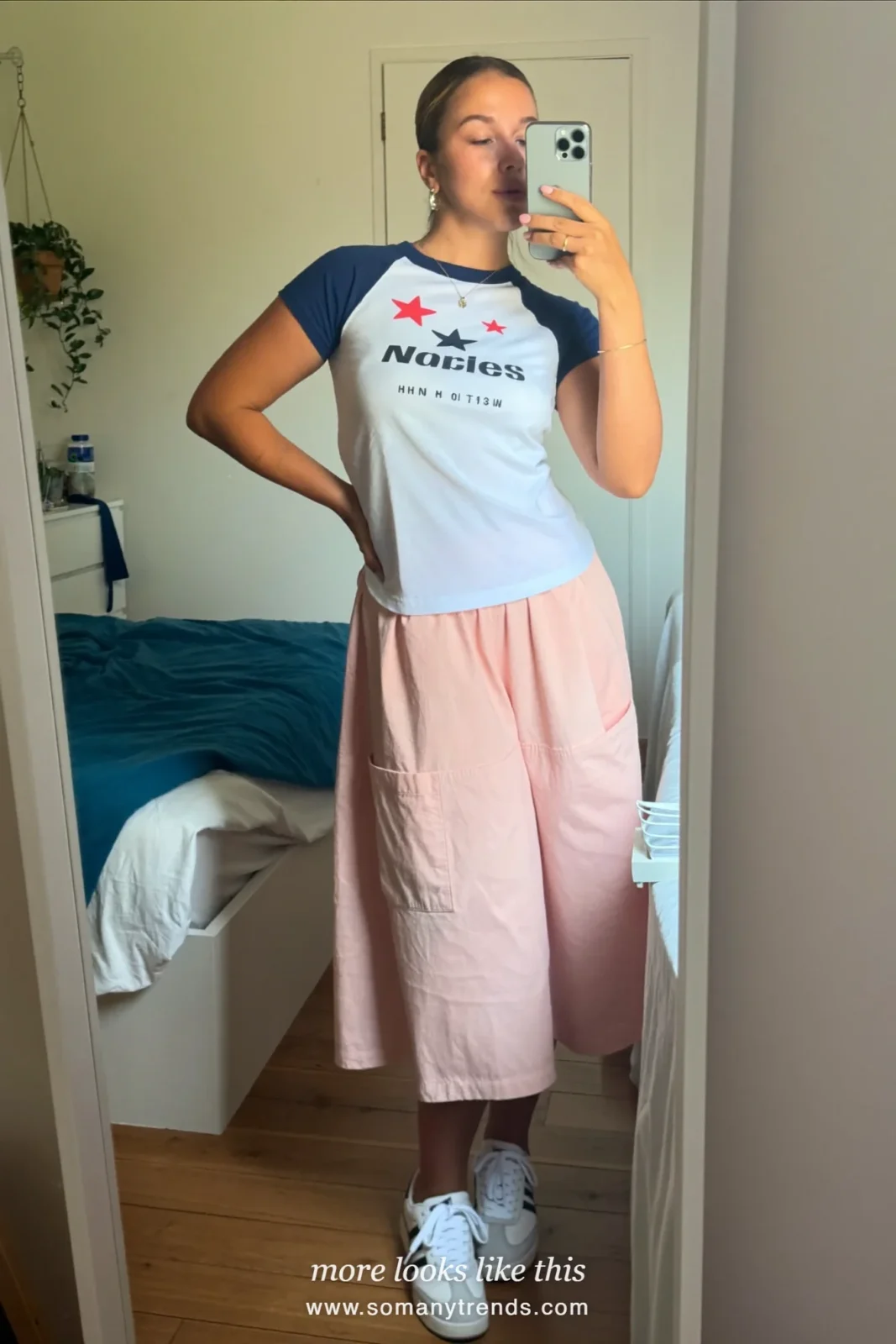 Blush poplin A-line midi skirt with white and navy baseball tee and white sneakers, outfit 8