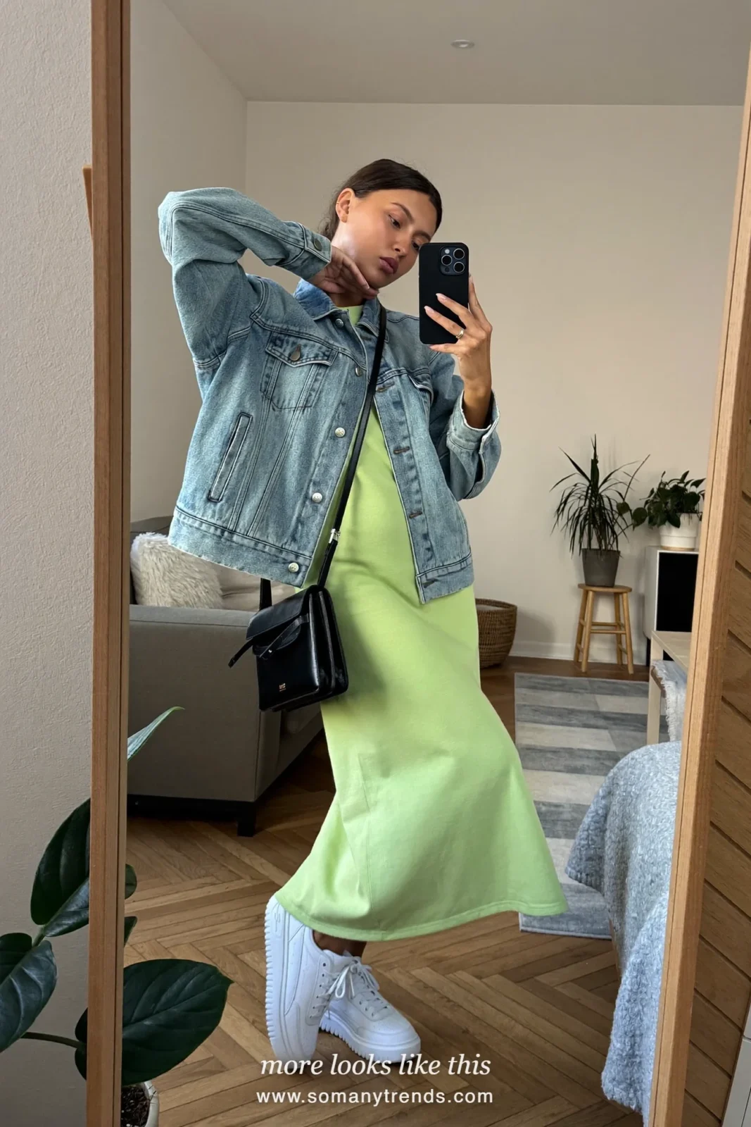 Soft green cotton midi dress with relaxed denim jacket, white sneakers and small crossbody, outfit 12