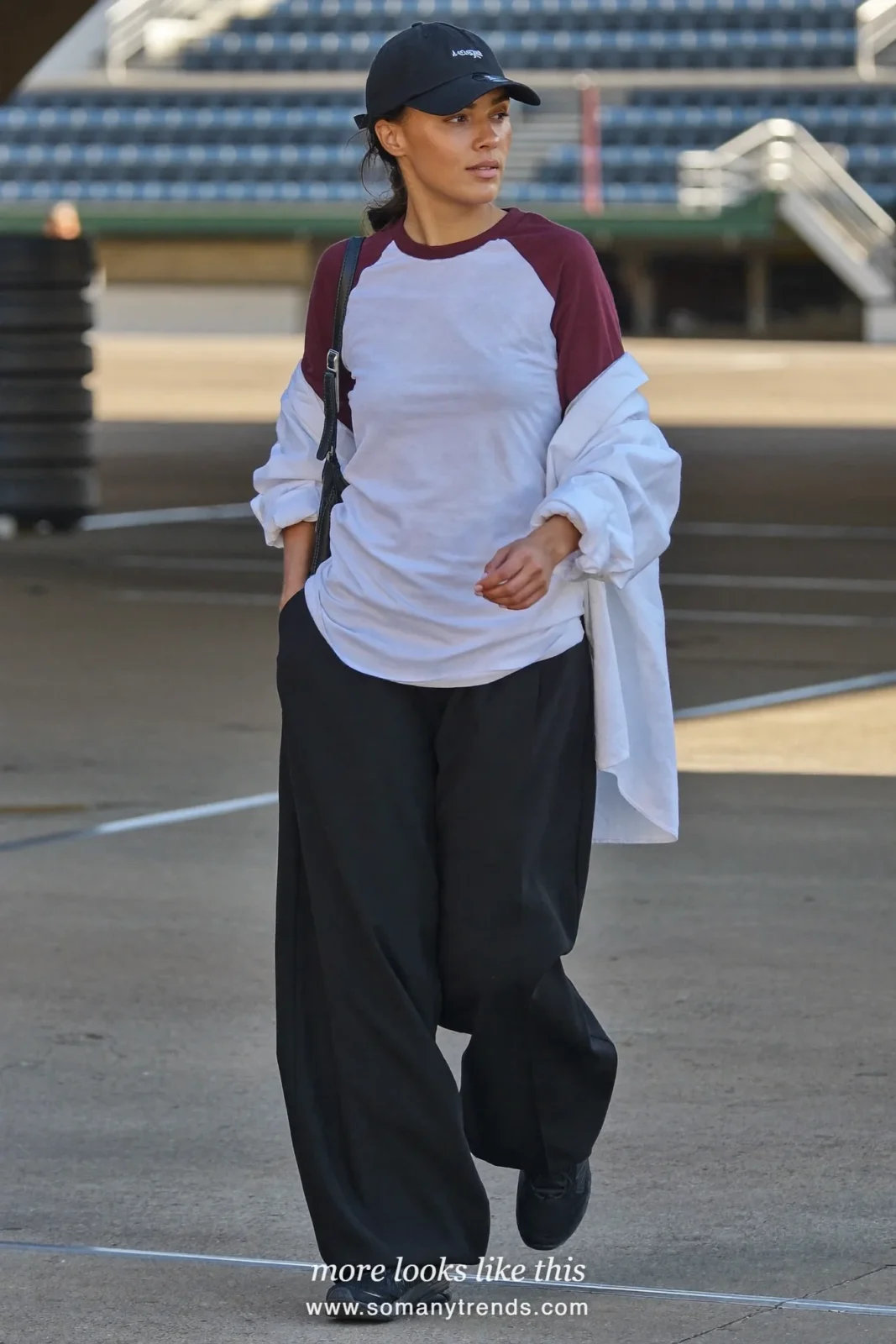 Open white poplin shirt over wine raglan baseball tee with straight black pants and black sneakers, outfit 29