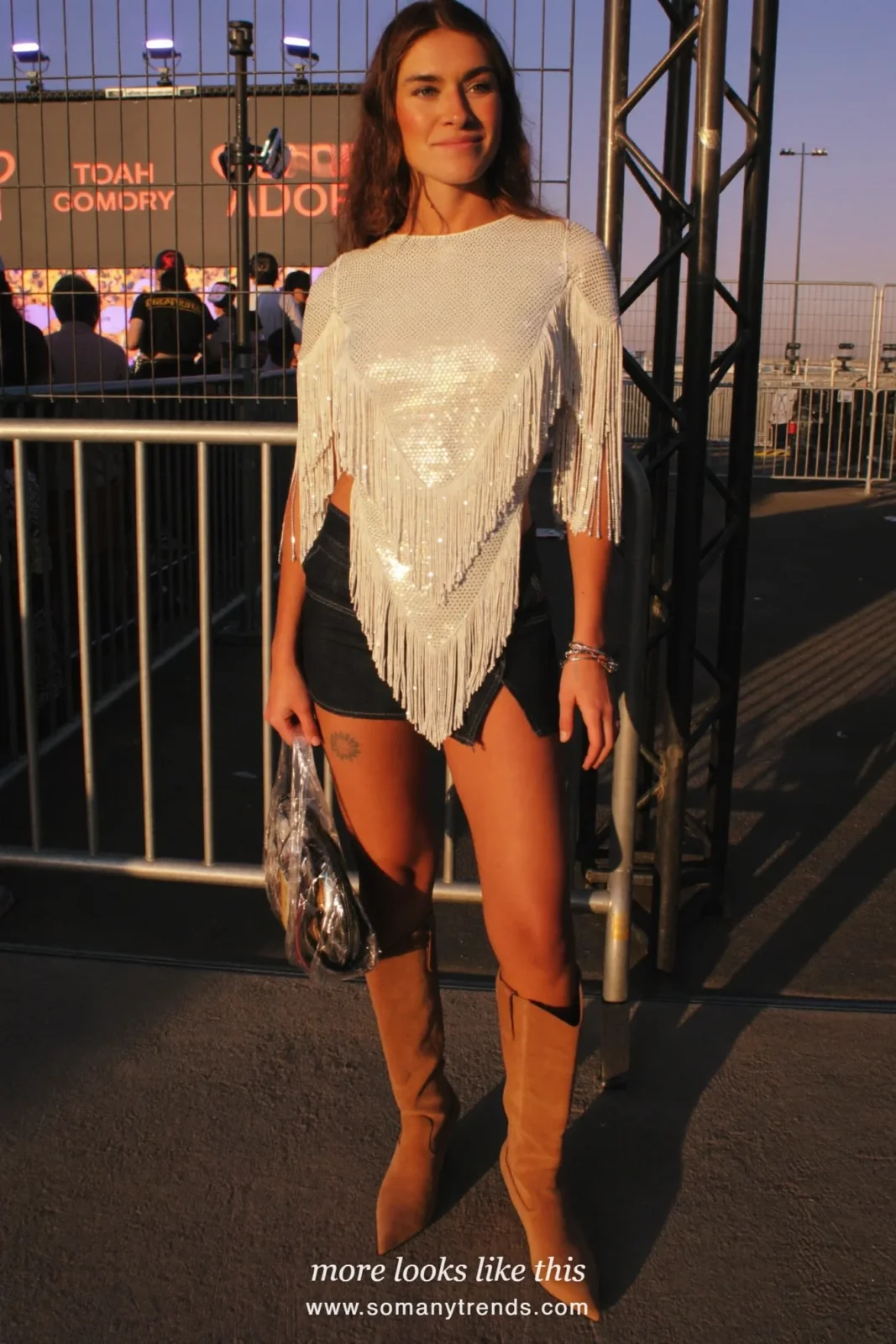 rhinestone fringe top, dark denim shorts and tall camel suede boots, western glam outfit 2