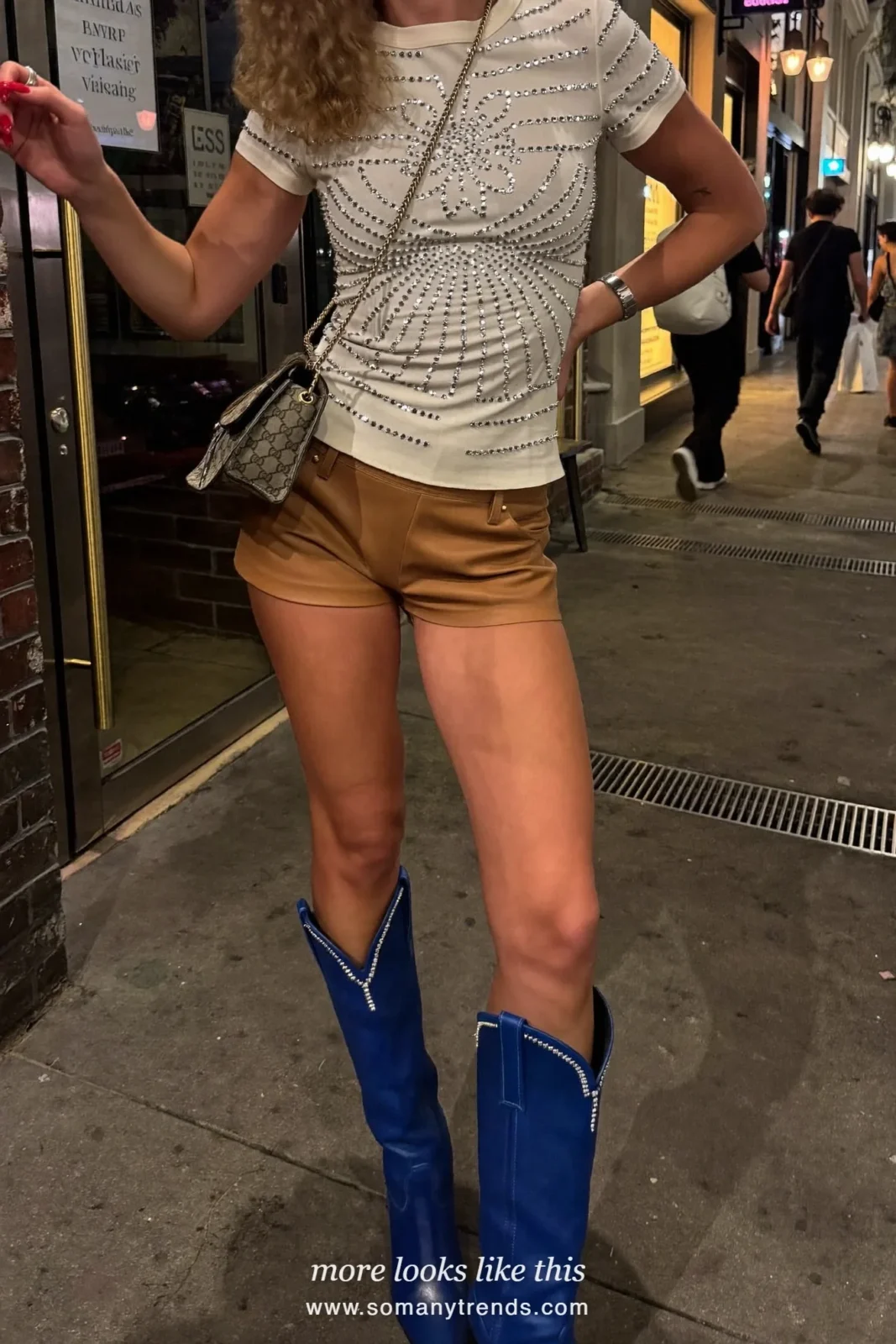 rhinestone fitted top, camel leather shorts, concho belt and ink blue cowboy boots, western glam outfit 10