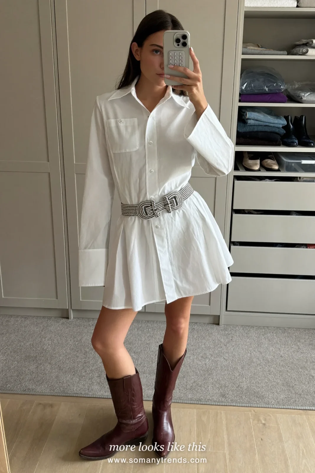 white pearl-snap shirt dress, rhinestone belt and burgundy cowboy boots, western glam outfit 12