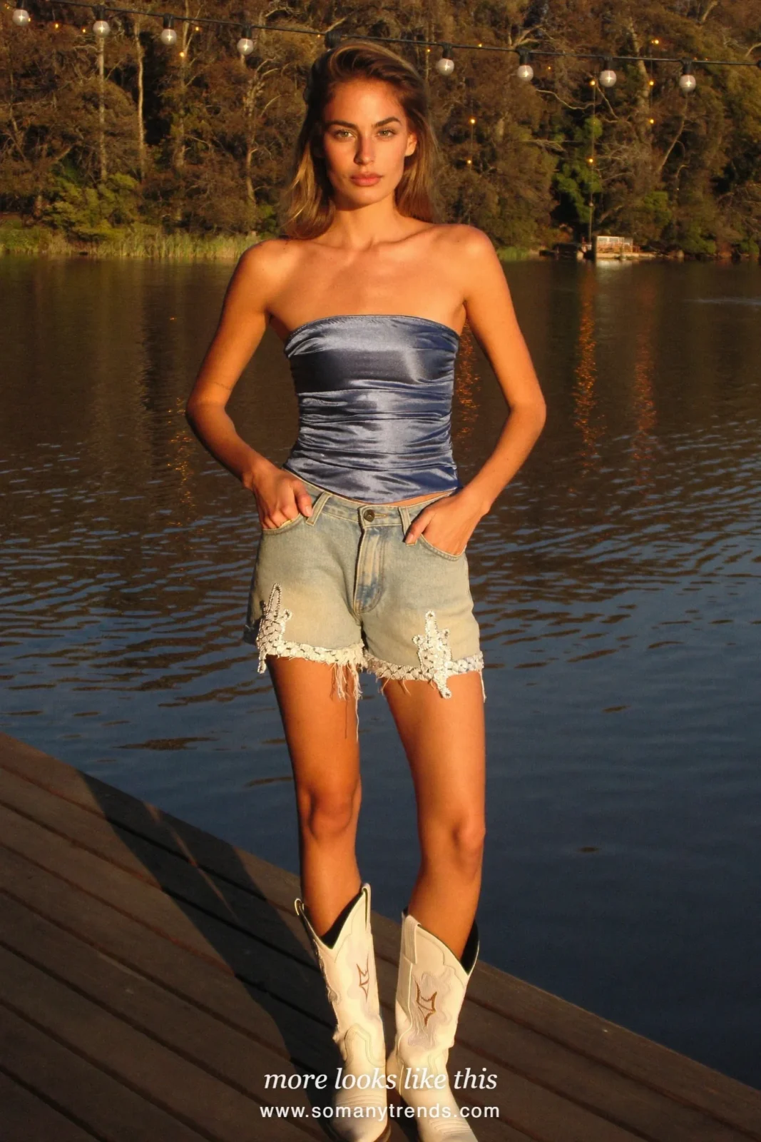 crystal-trimmed denim shorts, ink blue satin bandeau and white cowboy boots, western glam outfit 13