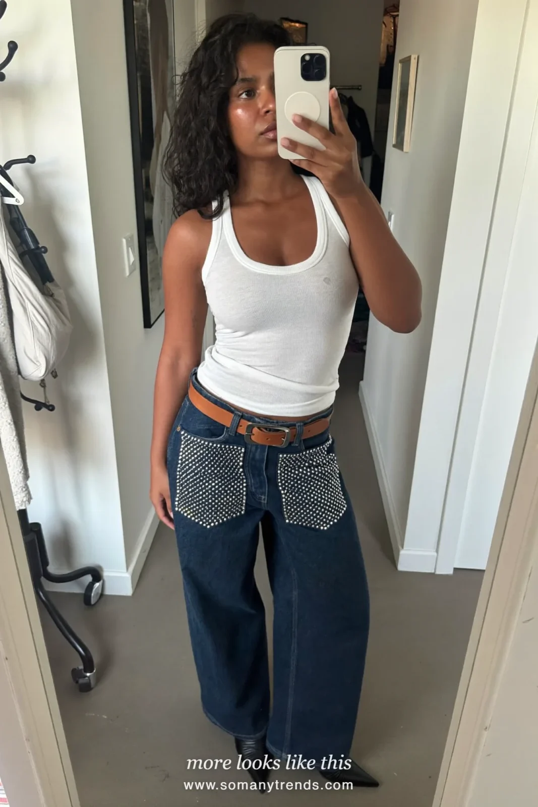 rhinestone pocket dark jeans, white tank and camel belt with pointed boots, western glam outfit 16