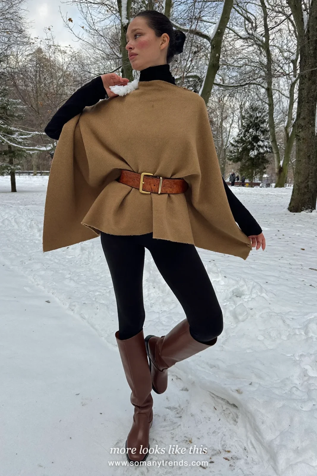 Camel poncho, black turtleneck, cognac belt, black leggings and brown knee boots, outfit 7