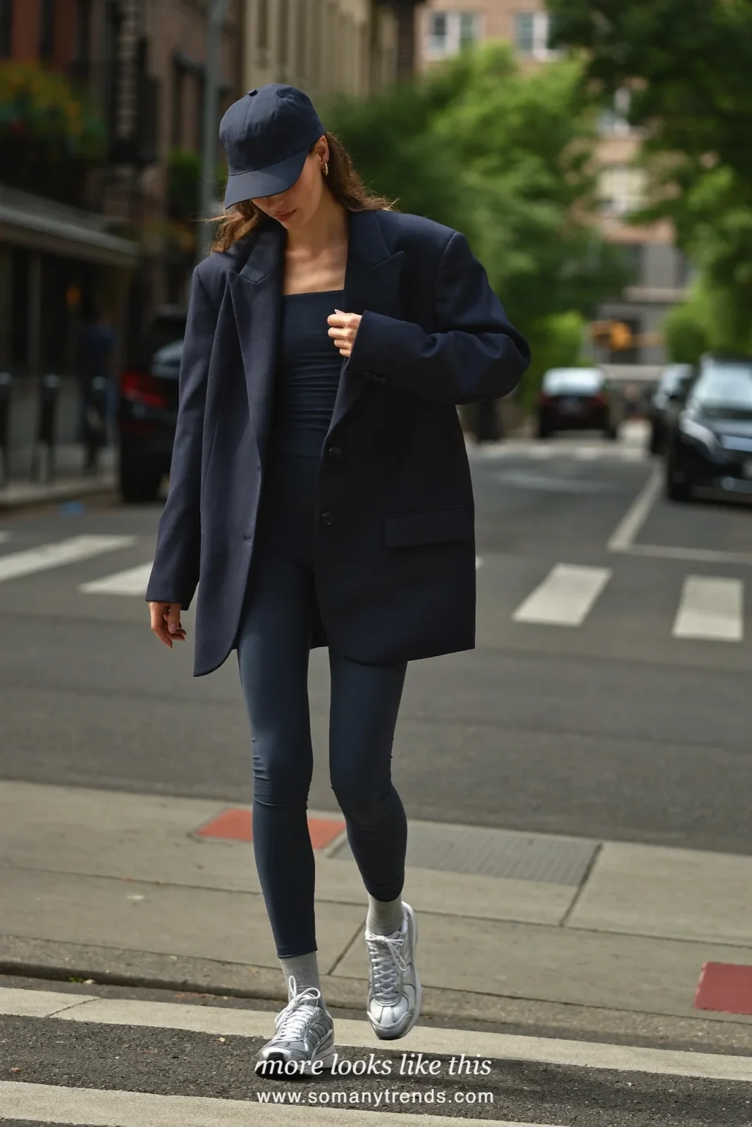Oversized navy blazer, navy leggings, gray socks, silver sneakers and cap, outfit 11