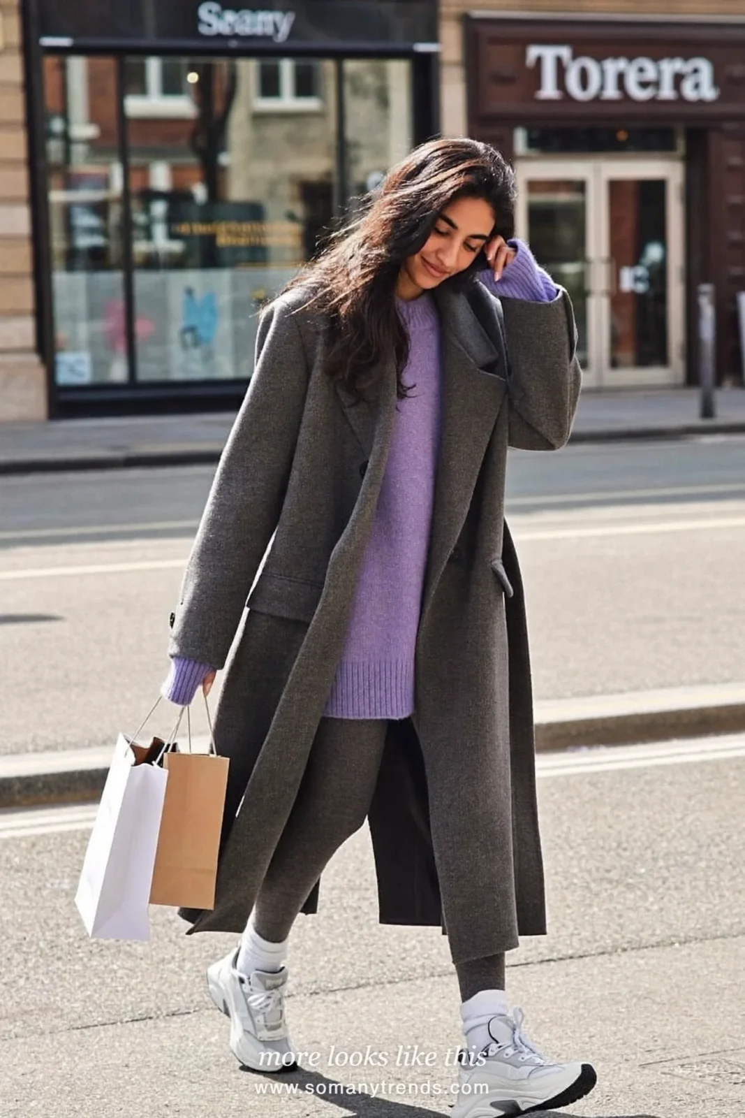 Lavender oversized sweater, charcoal leggings, long charcoal coat, white socks and white sneakers, outfit 15