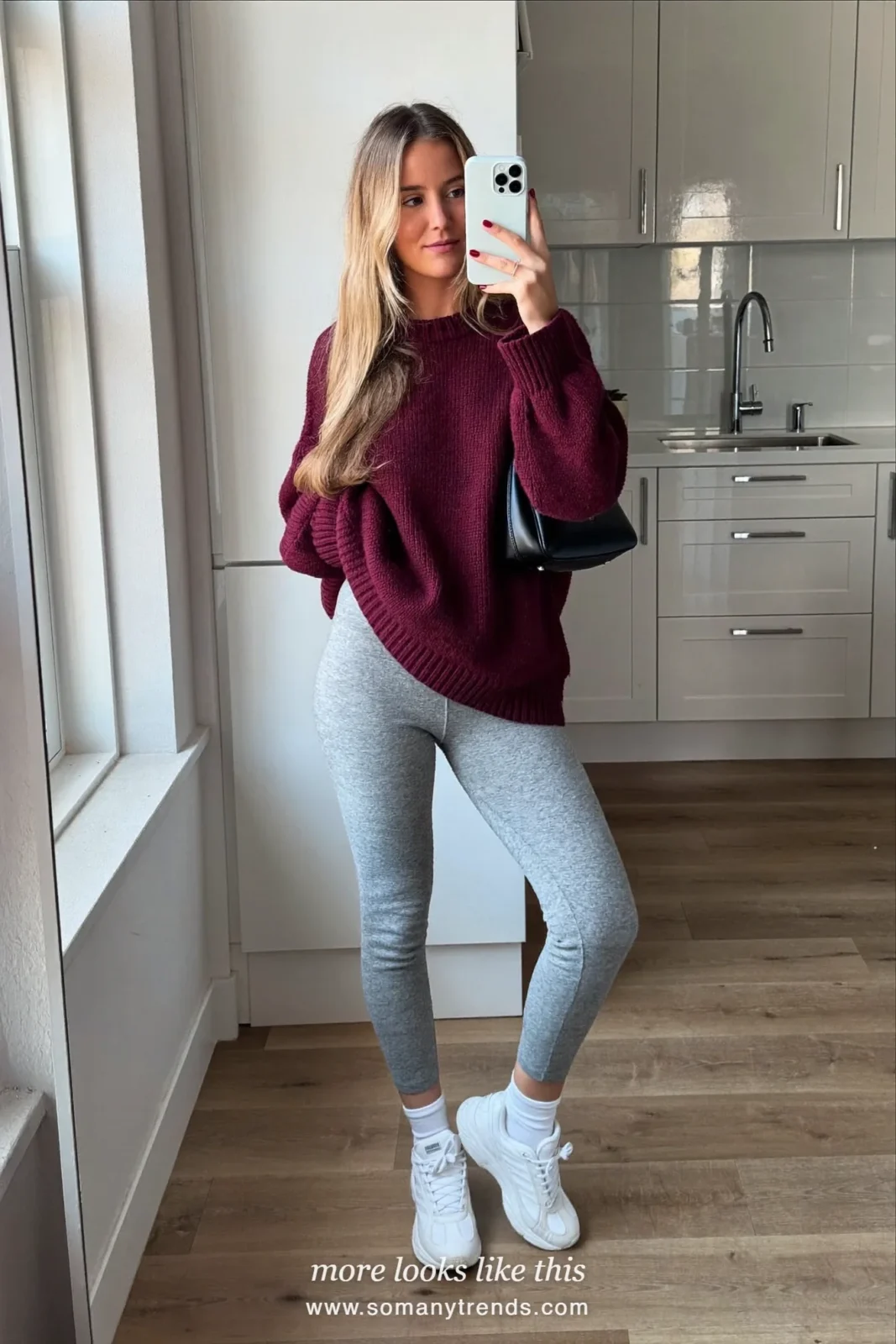 Burgundy oversized sweater, gray leggings, white socks, white sneakers and small black bag, outfit 20