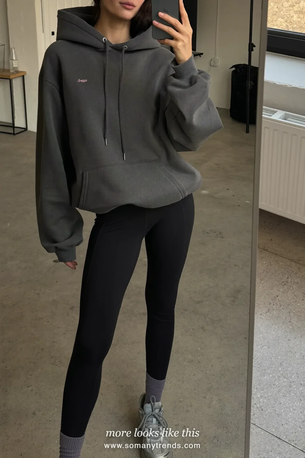 Charcoal hoodie, black leggings, lavender socks and gray sneakers, outfit 24