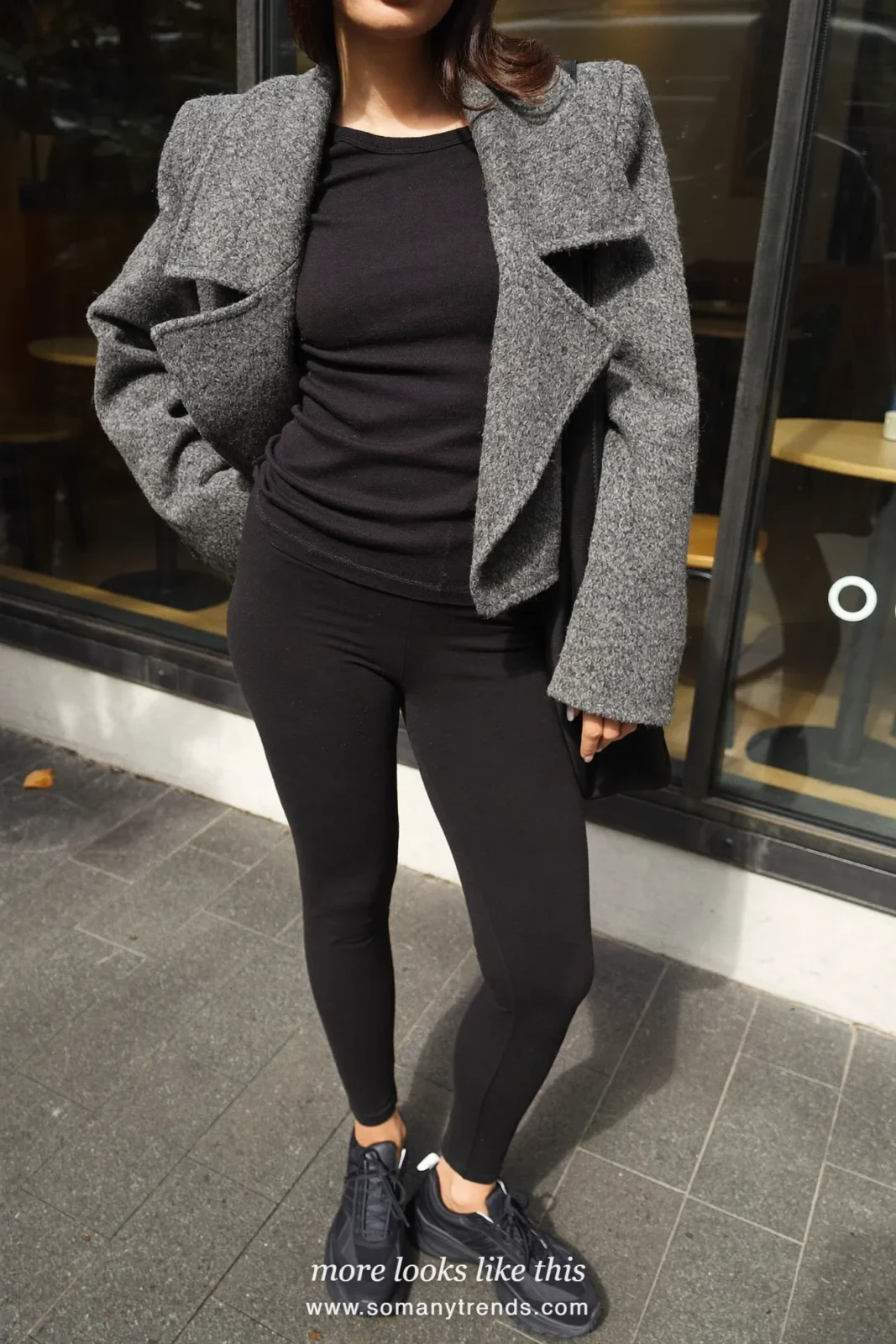 Long gray wool cardigan coat, black top, black leggings and black sneakers, outfit 27