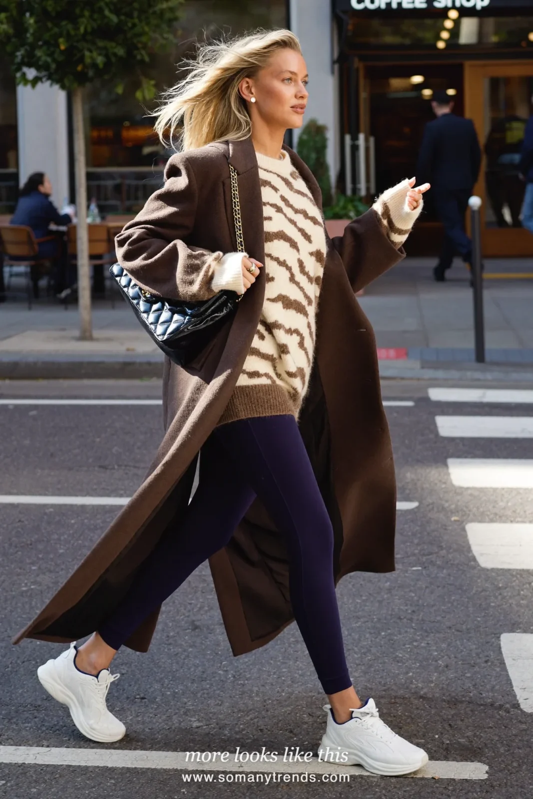 Long brown coat, cream sweater, navy leggings, white sneakers and quilted bag, outfit 31