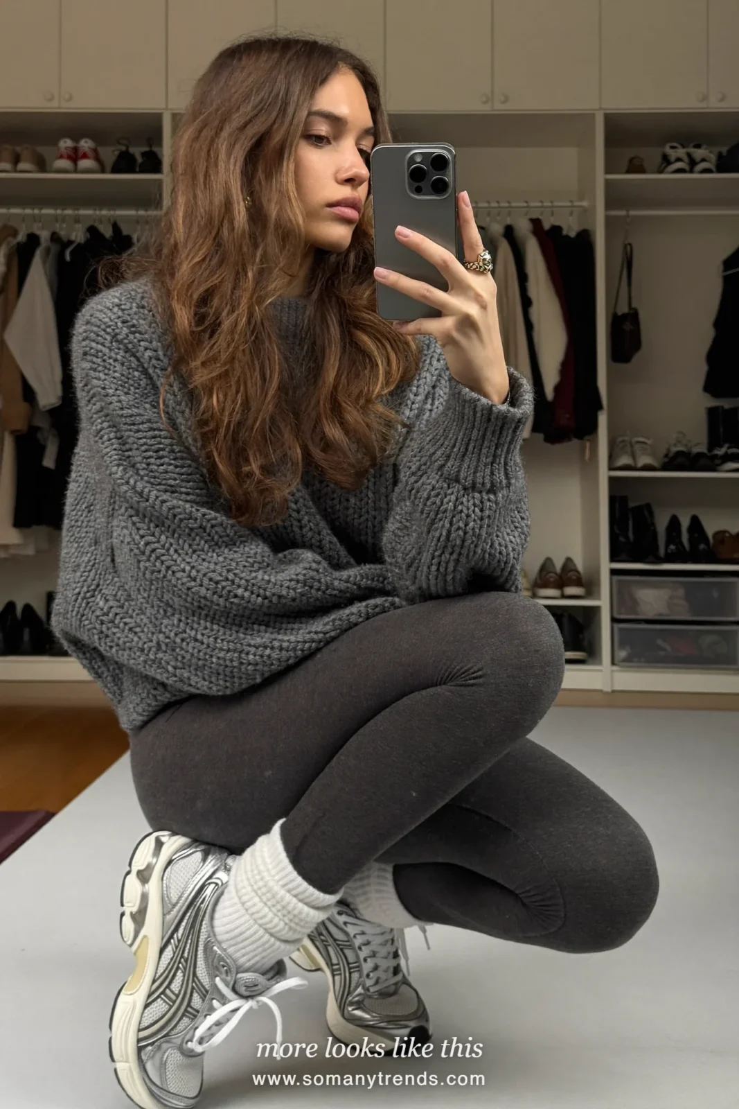 Charcoal chunky sweater, charcoal leggings, lavender beanie, white socks and silver sneakers, outfit 32