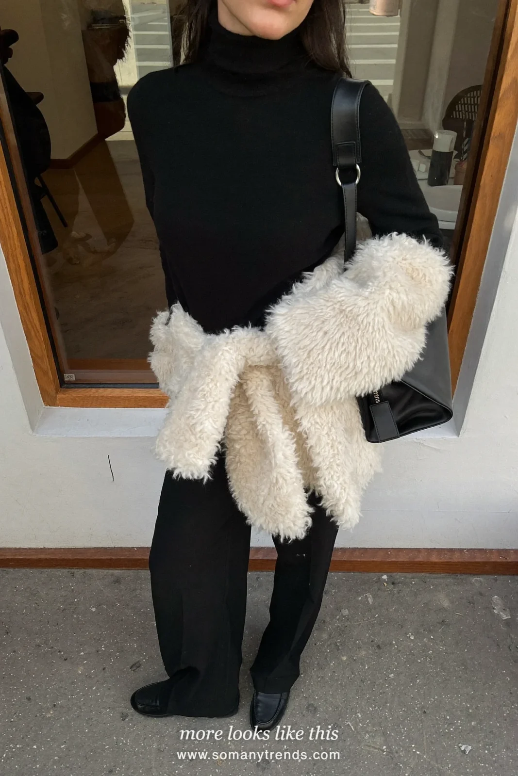 Short cream faux-fur jacket, black turtleneck, black wide-leg pants and black loafers, outfit 6