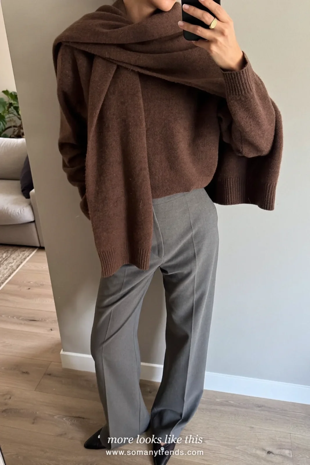 Brown scarf-knit sweater, gray tailored wide-leg pants and black pointed flats, outfit 12